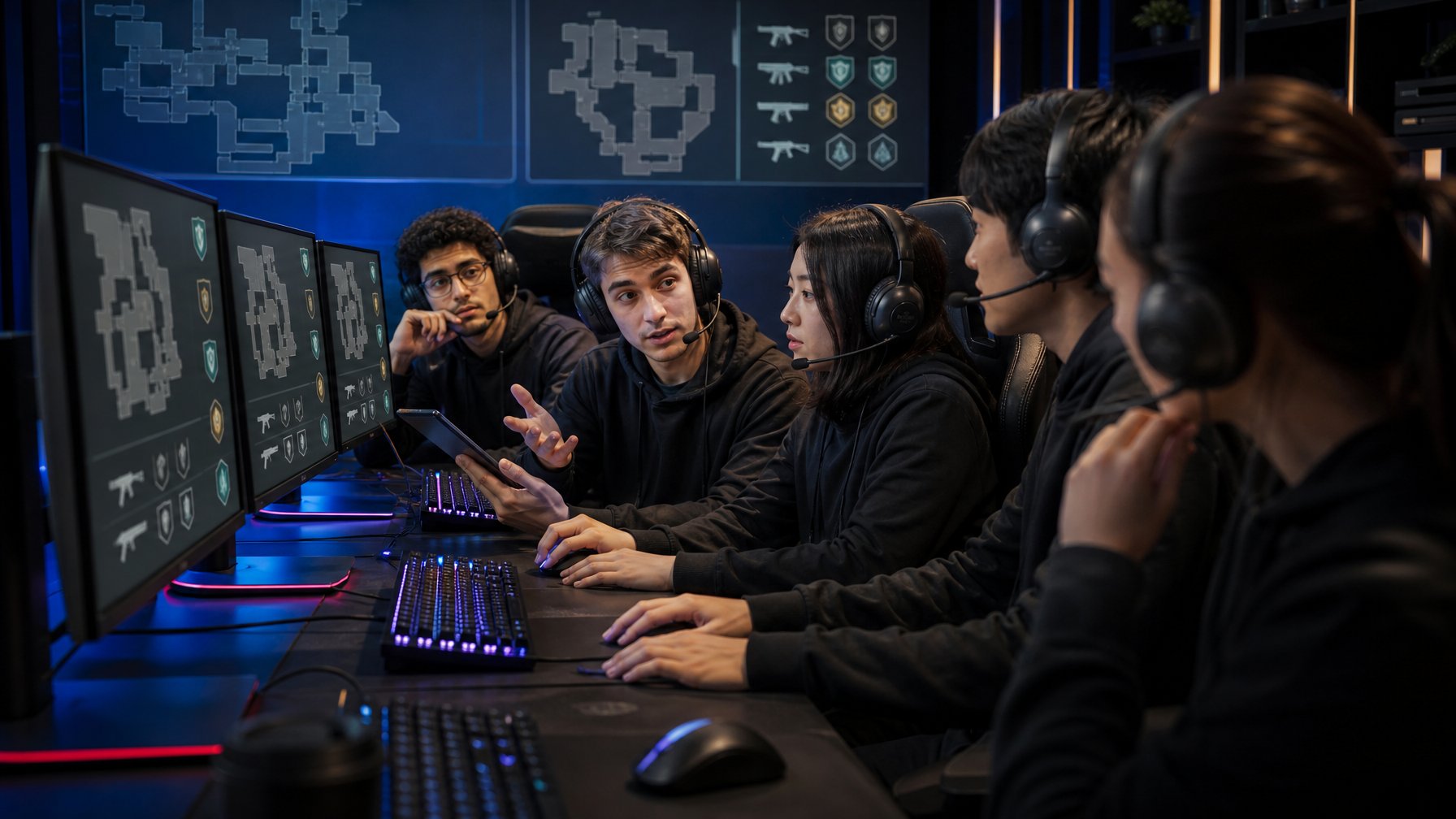 Lima pemain esports merencanakan dan merencanakan pembelian perlengkapan dalam pertandingan gim taktis.