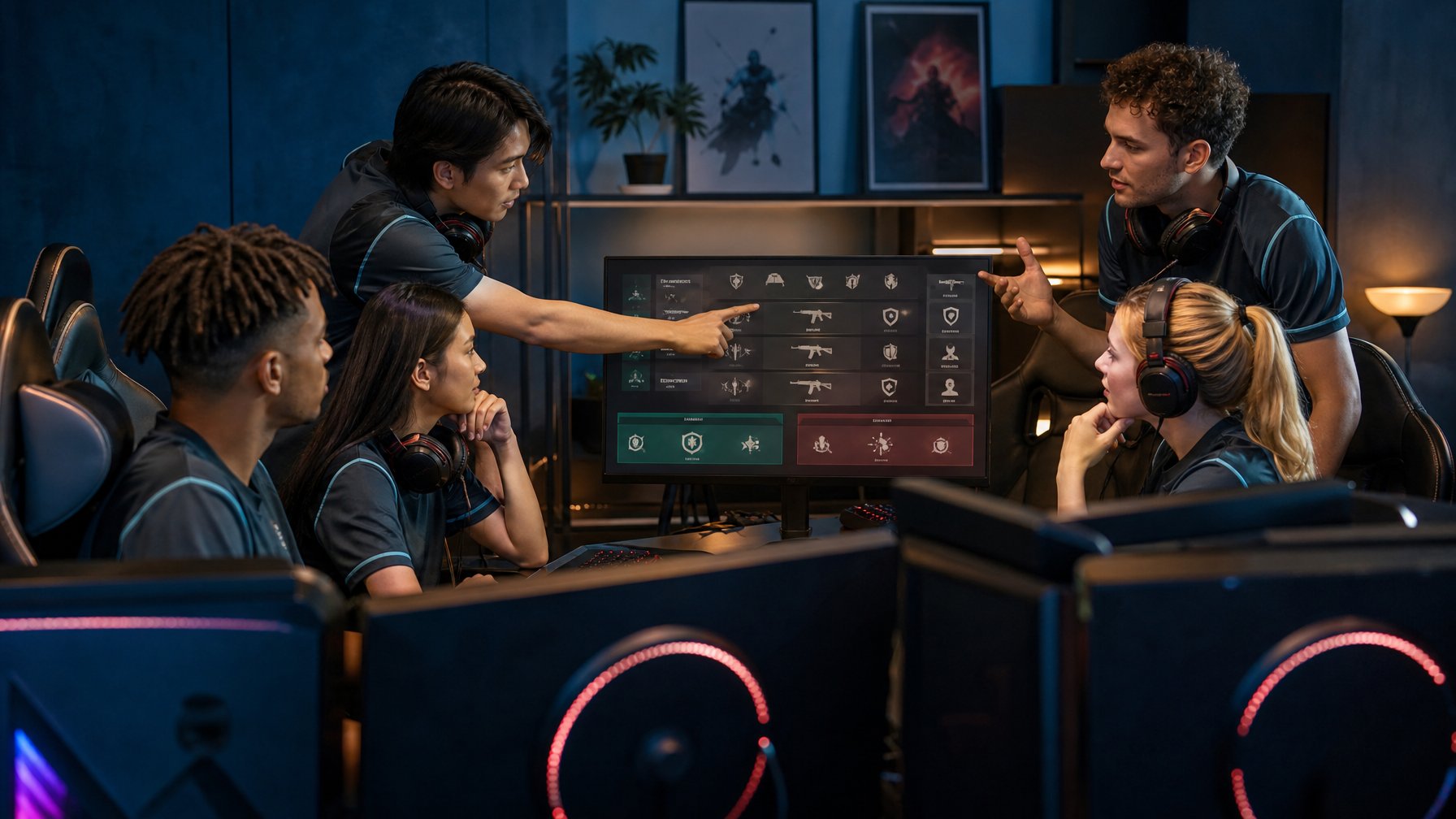 Lima pemain esports berdiskusi tentang strategi dan penghematan sumber daya di ruang permainan.