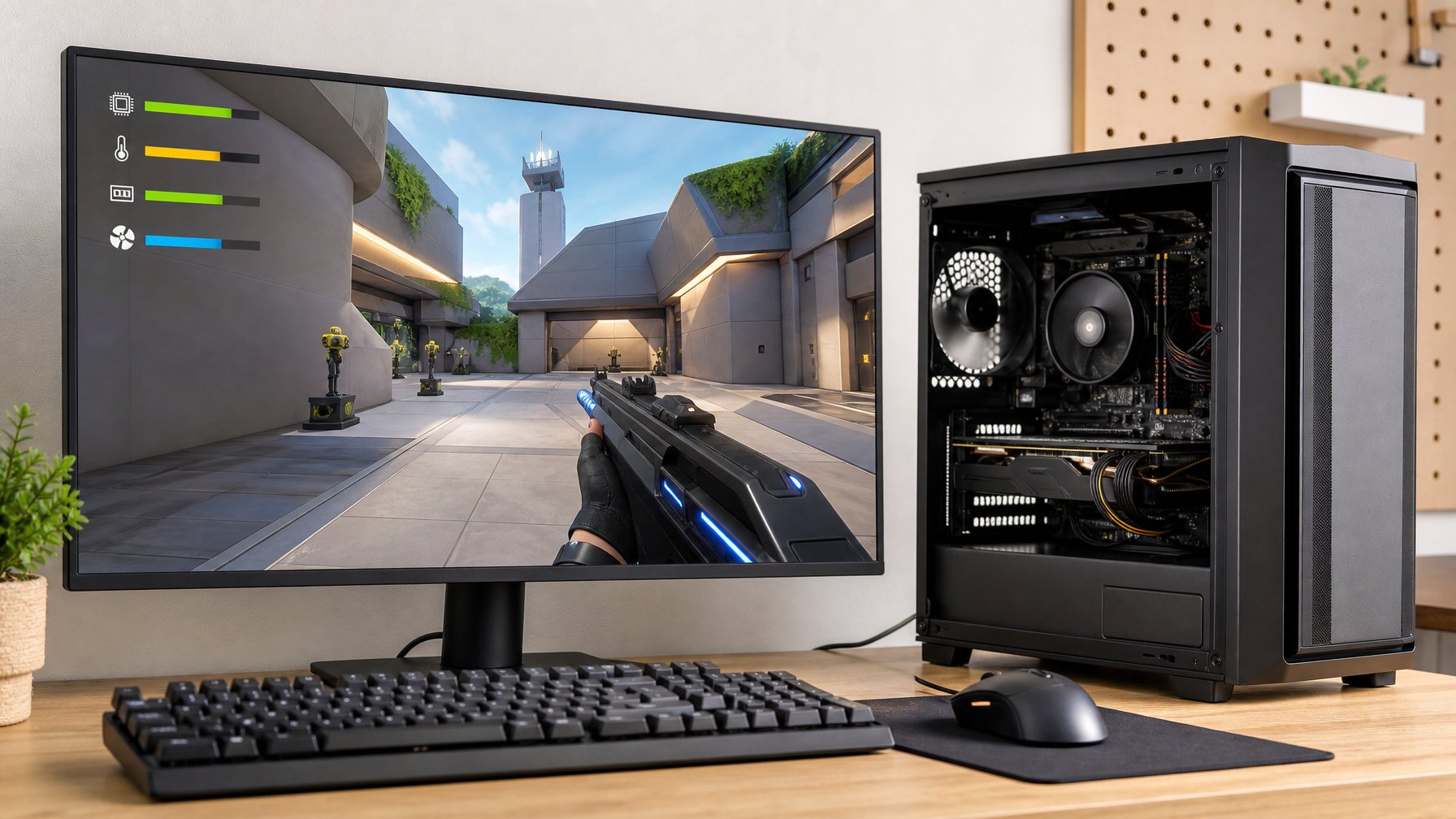 Meja gaming sederhana dengan spesifikasi komputer rendah dan monitor yang menampilkan permainan tembak-menembak futuristis.