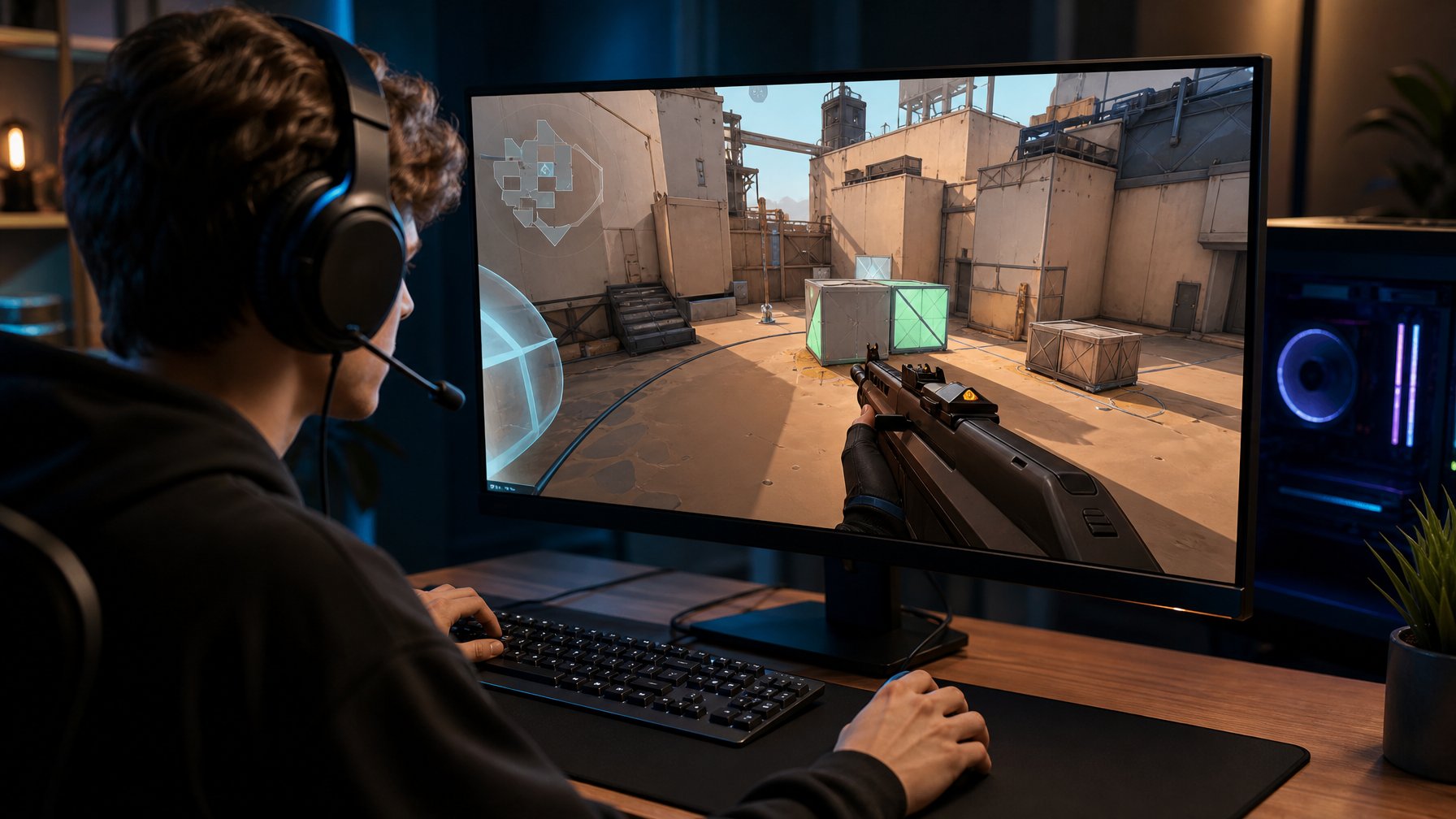 Pemain esports sedang bertahan di lokasi bom dalam permainan tembak-menembak taktis.
