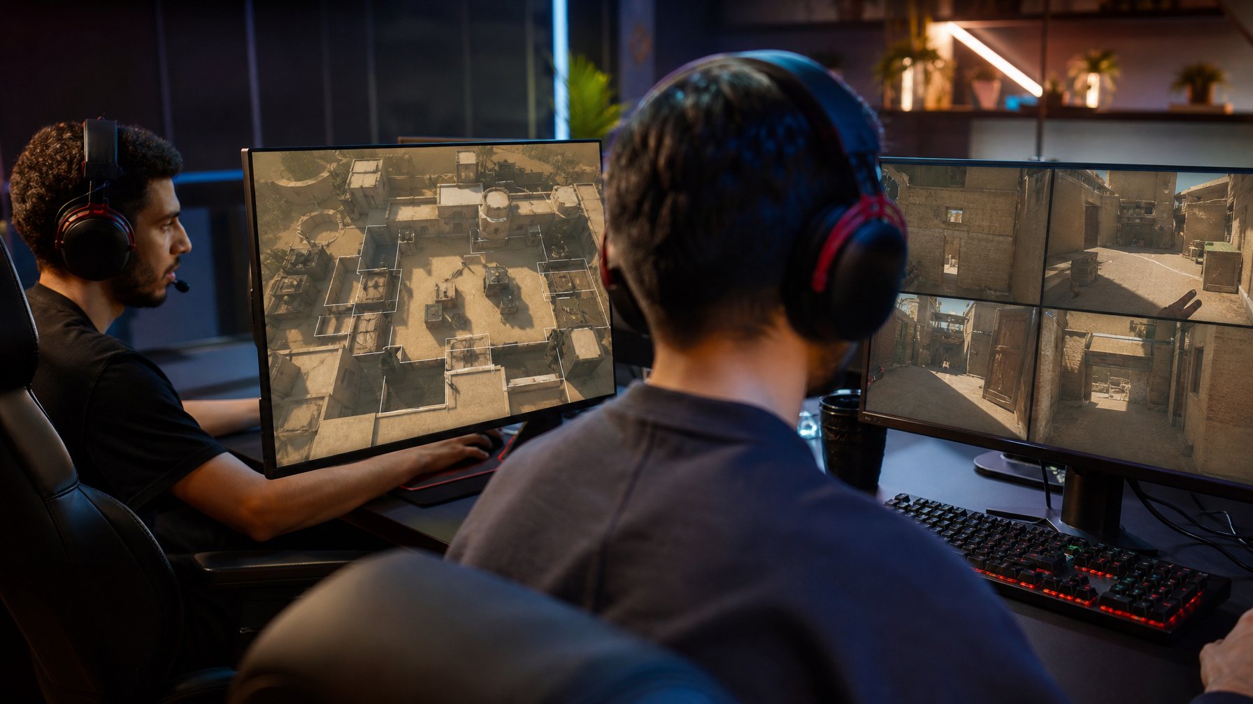 Dua pemain esports mengatur pertahanan di area permainan bertema gurun sambil mengamati monitor.