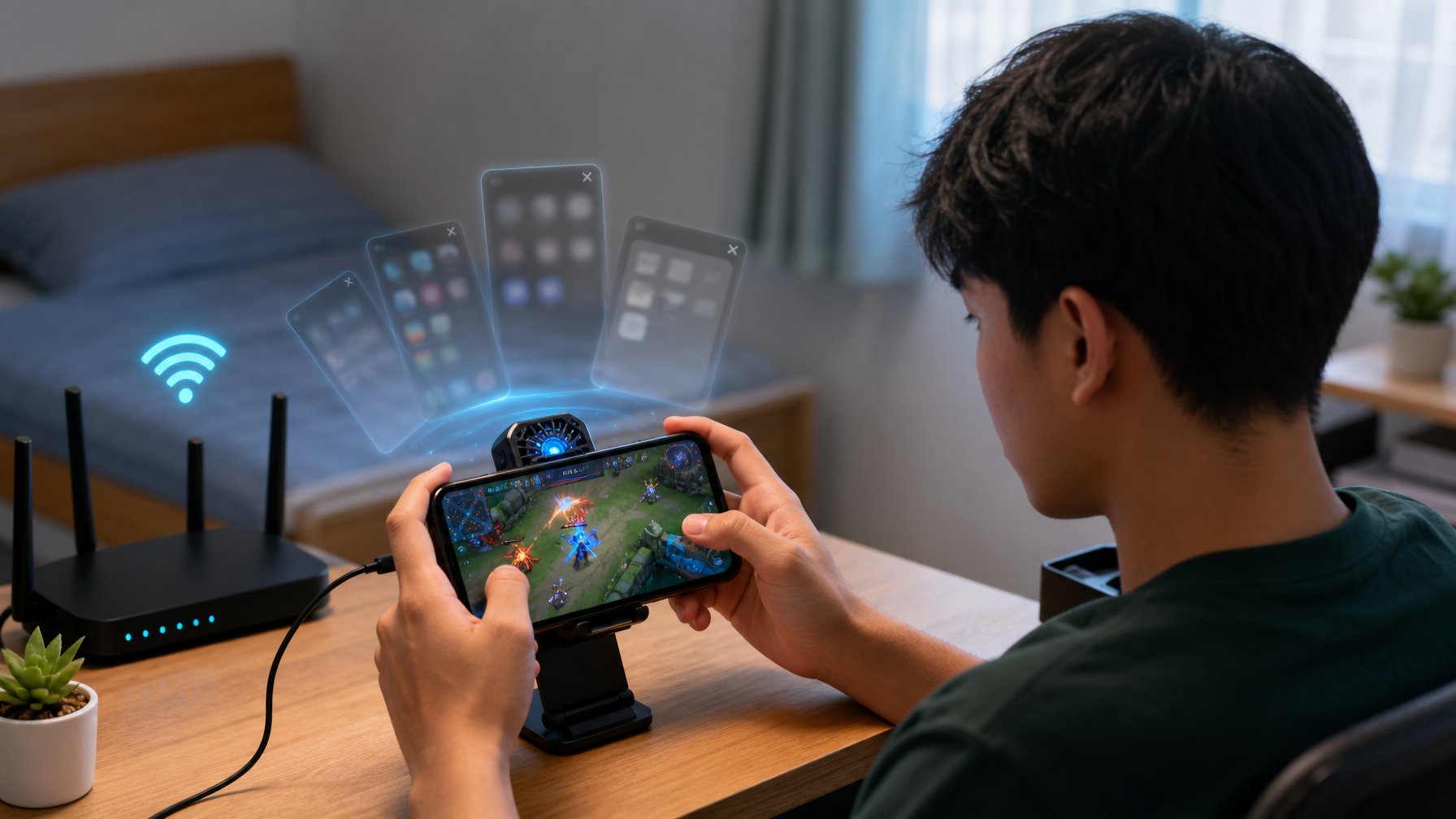 Seorang pemain menggunakan ponsel lama untuk bermain gim dengan kipas pendingin dan router Wi-Fi di meja.
