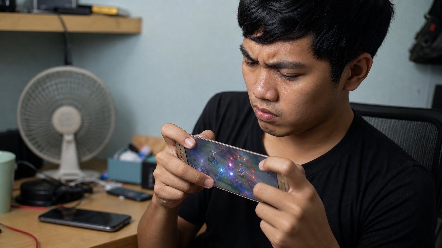 Seorang gamer memainkan permainan di ponsel lama dengan ekspresi frustrasi di meja sederhana.