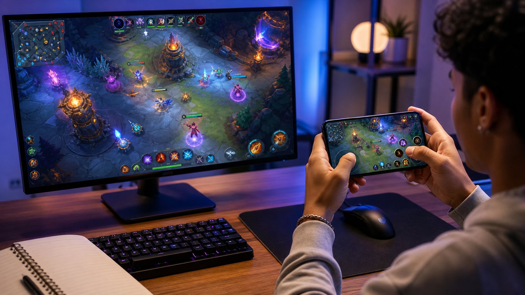 Seorang pemain membandingkan permainan fantasi di komputer desktop dan ponsel sambil belajar menyesuaikan kontrol.