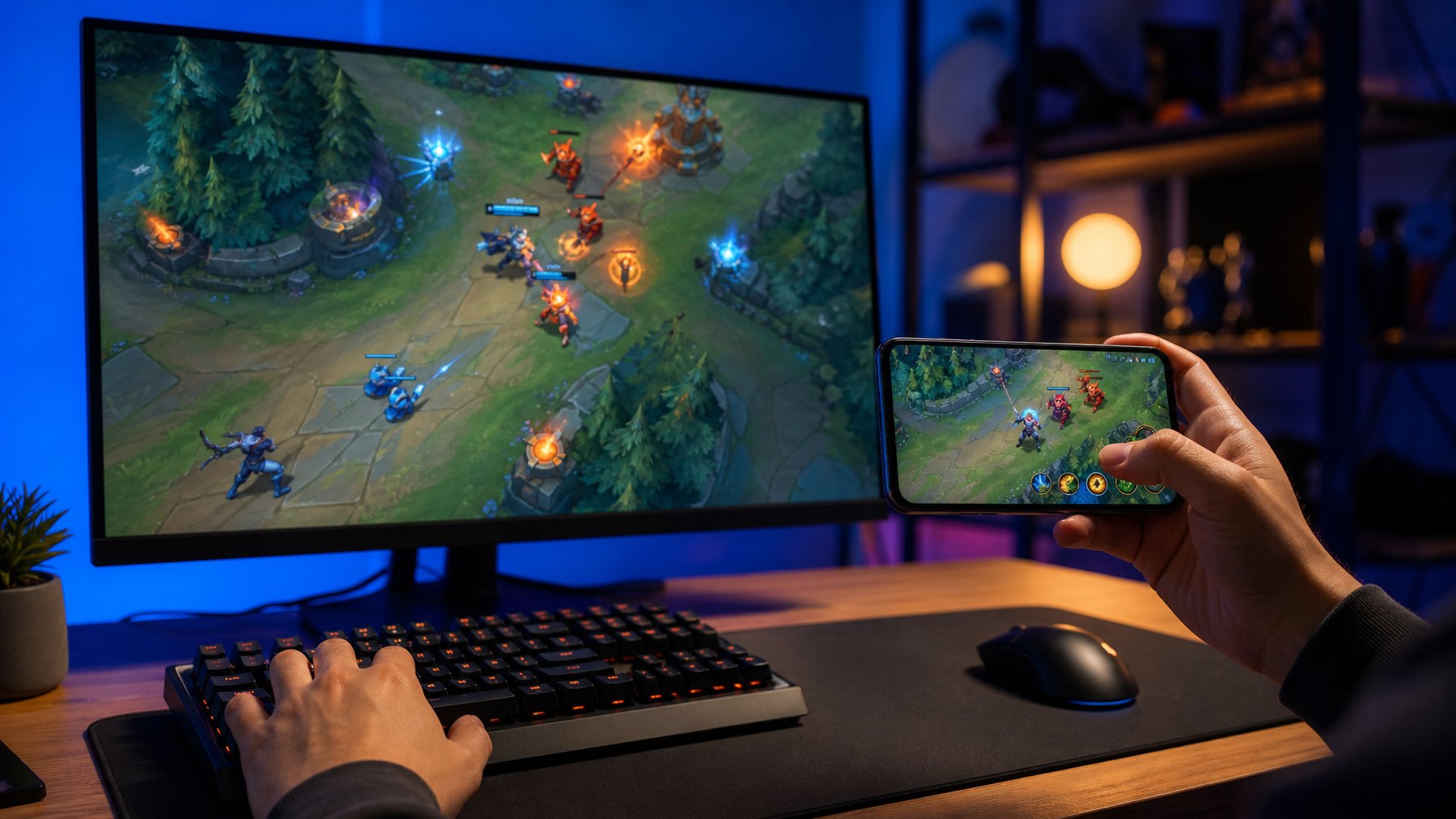 Meja gaming menampilkan monitor dan ponsel dengan permainan arena fantasi, disertai tangan pemain yang menggunakan keyboard, mouse, dan layar sentuh.