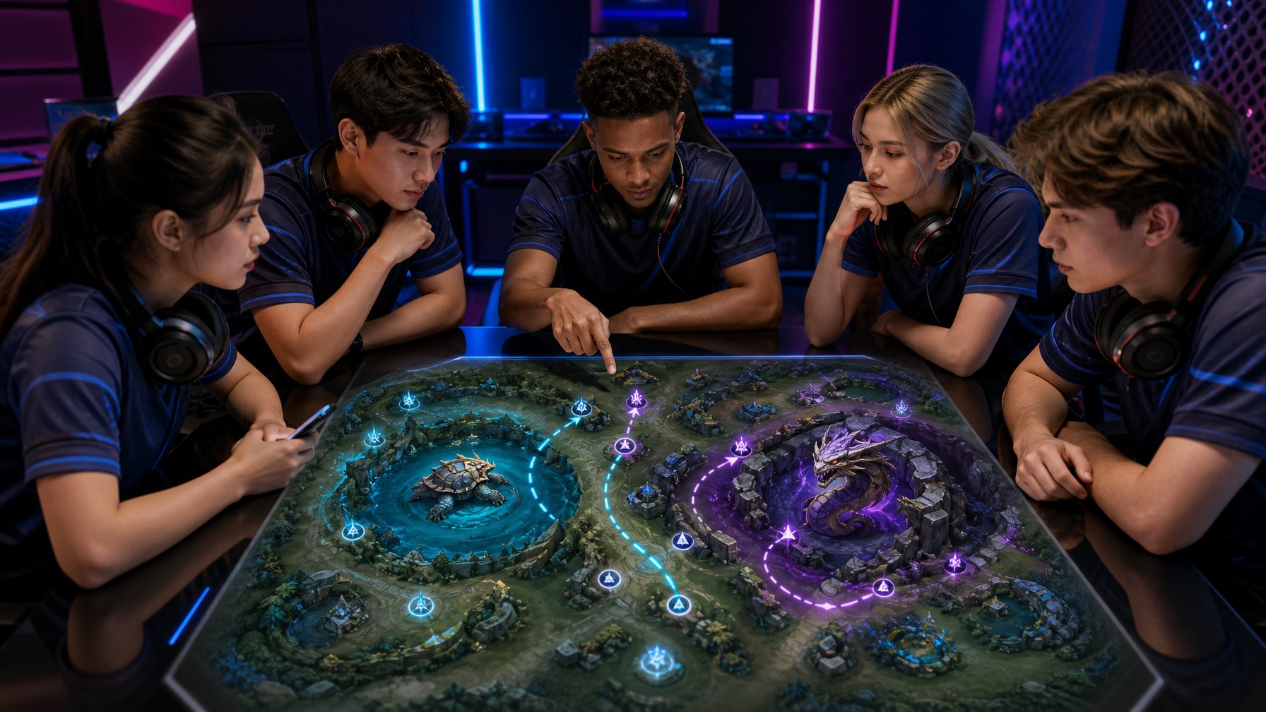Lima pemain esports bekerja sama menyusun strategi untuk mengalahkan dua monster objektif di arena fantasi.