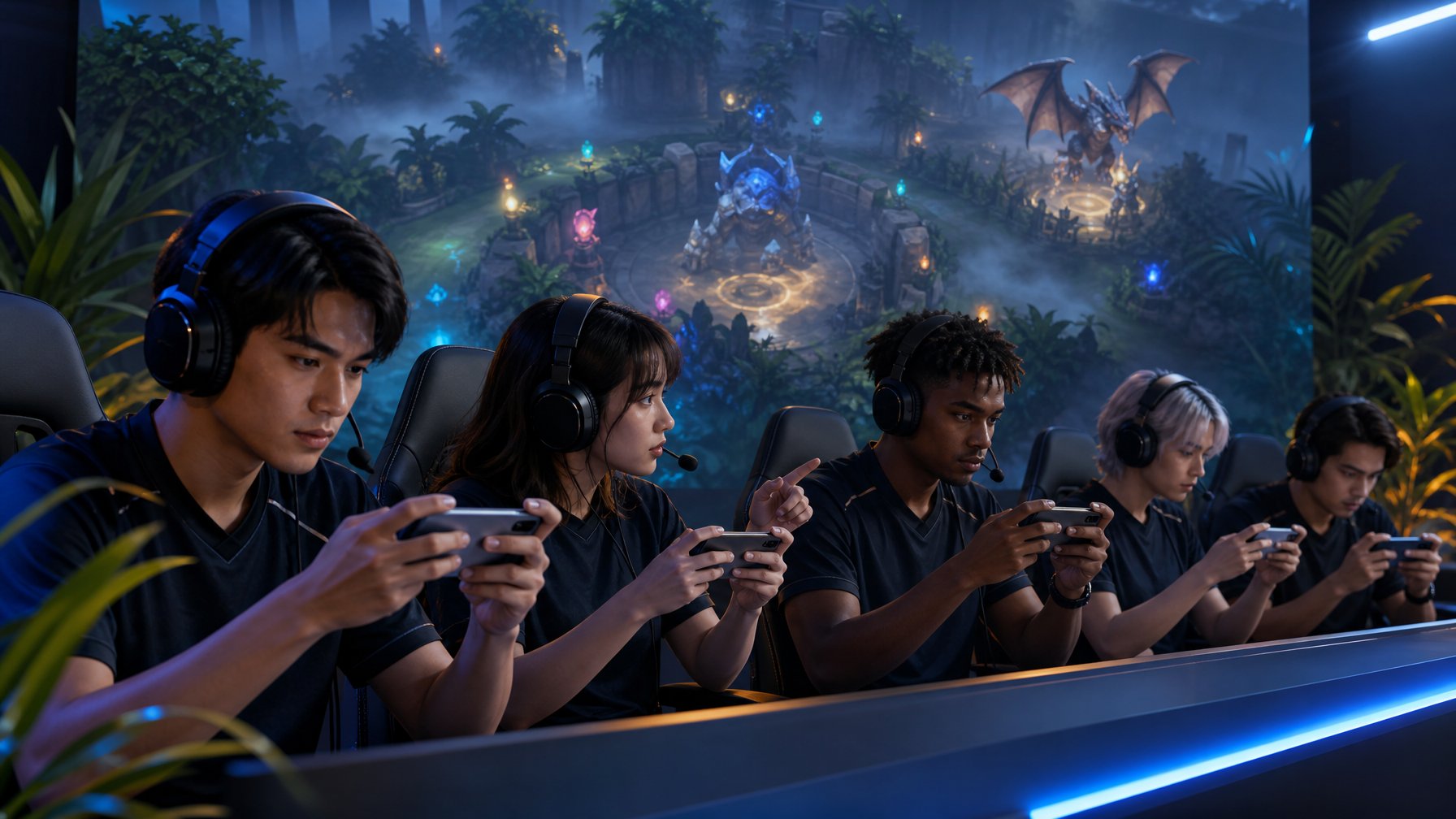 Lima pemain esports bekerja sama sambil bermain gim strategi di ruang gaming dengan latar arena hutan fantasi.