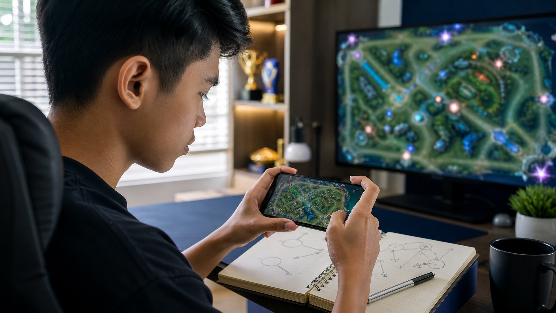 Pemain muda mempelajari peta permainan di ponsel sambil merencanakan strategi.