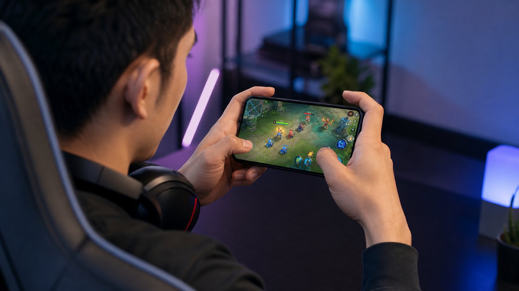 Seorang gamer memainkan permainan MOBA di ponsel sambil mengatur posisi melawan minion di sebuah jalur.