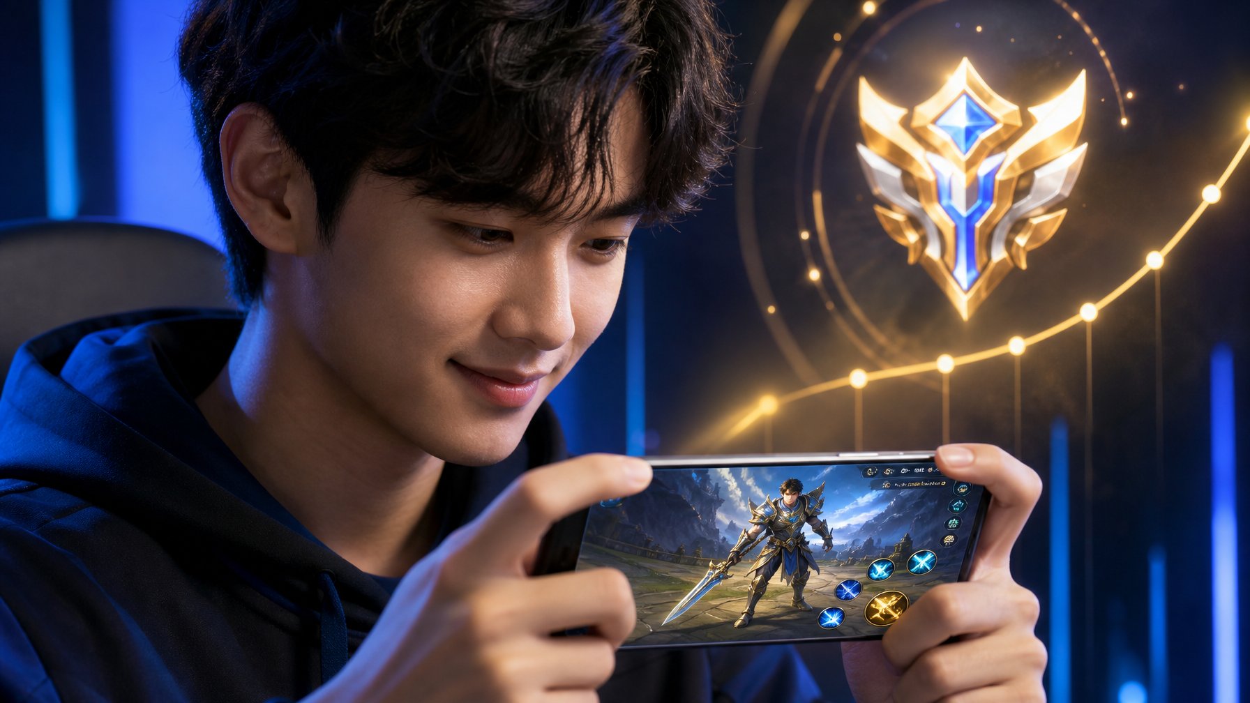 Pemain esports memegang ponsel sambil memainkan karakter pejuang dalam pertandingan gim fantasi.