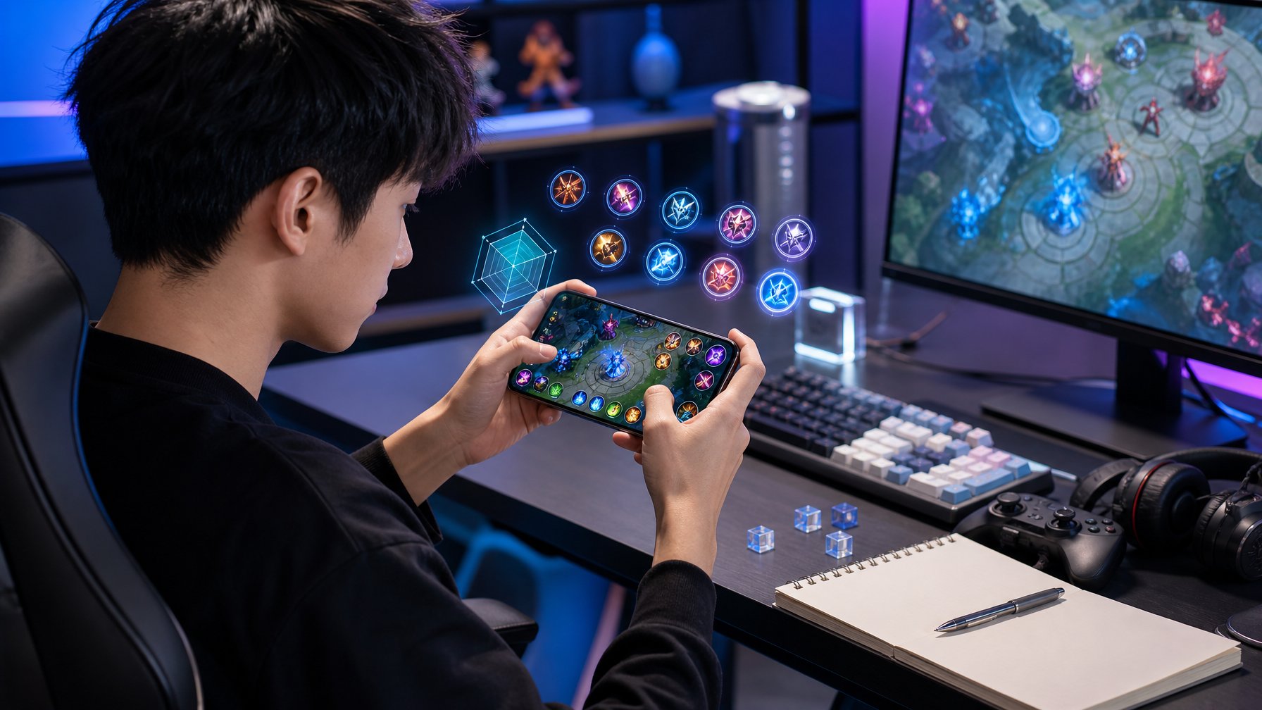 Seorang pemain gim menganalisis pilihan perlengkapan dan simbol kemampuan pada ponsel di meja gaming.