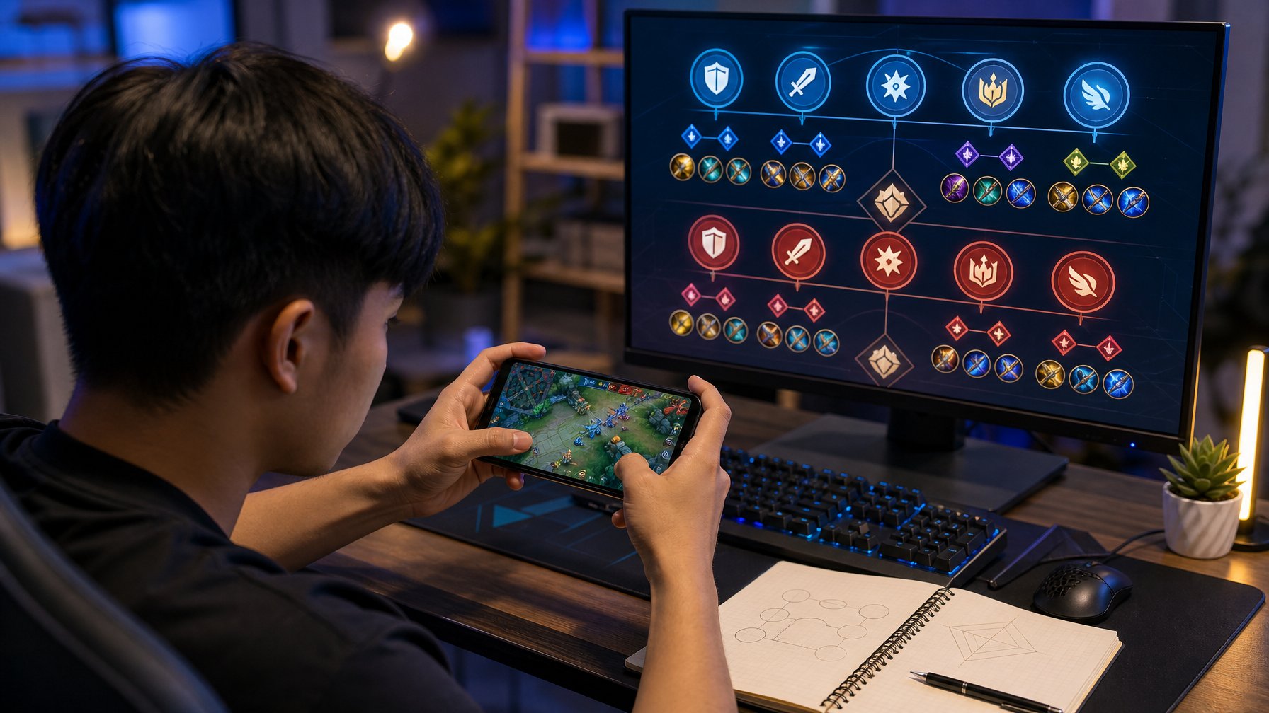 Gamer sedang menyesuaikan strategi tim dan pilihan perlengkapan melalui ponsel di meja kerja.