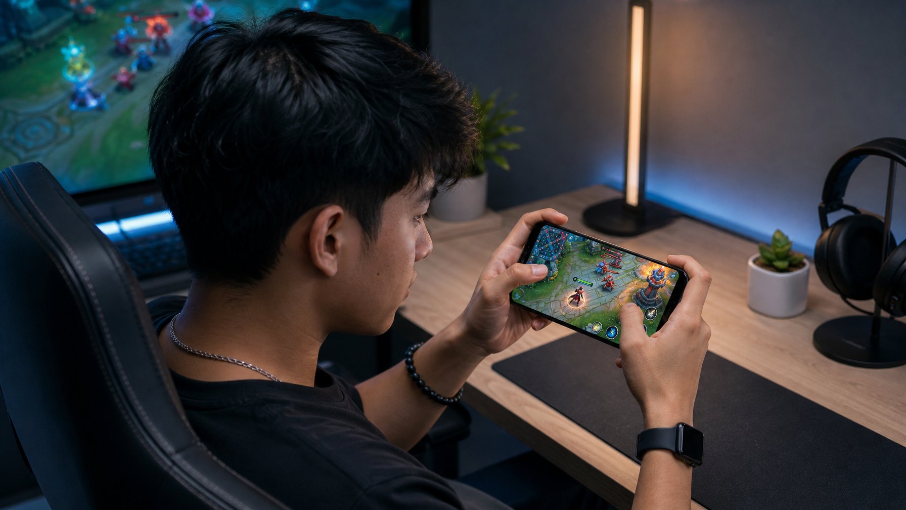 Seorang pemain duduk fokus memainkan gim arena fantasi di ponsel dalam suasana ruang bermain modern.