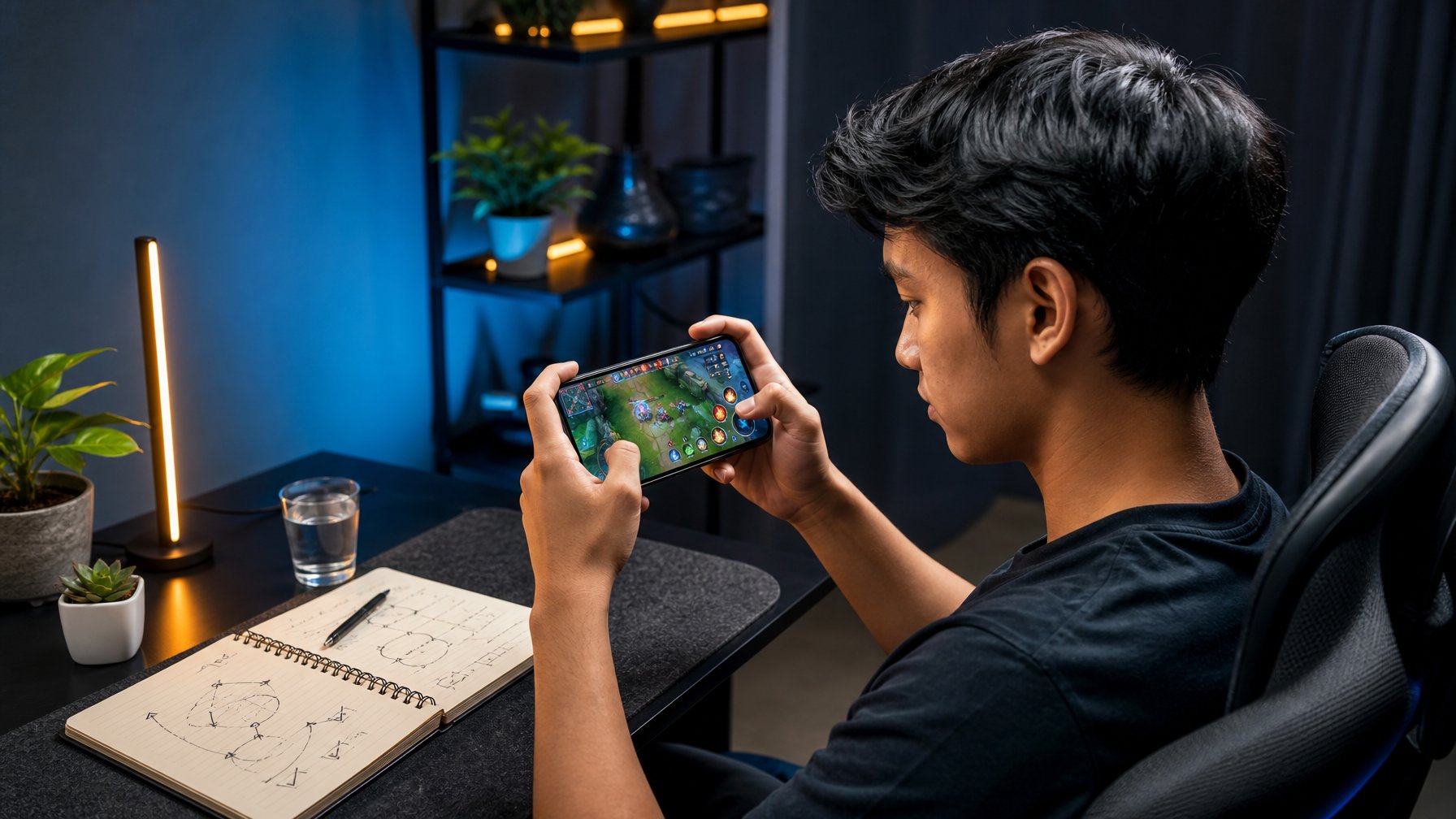 Seorang gamer fokus bermain game strategi di ponsel pada meja yang rapi.