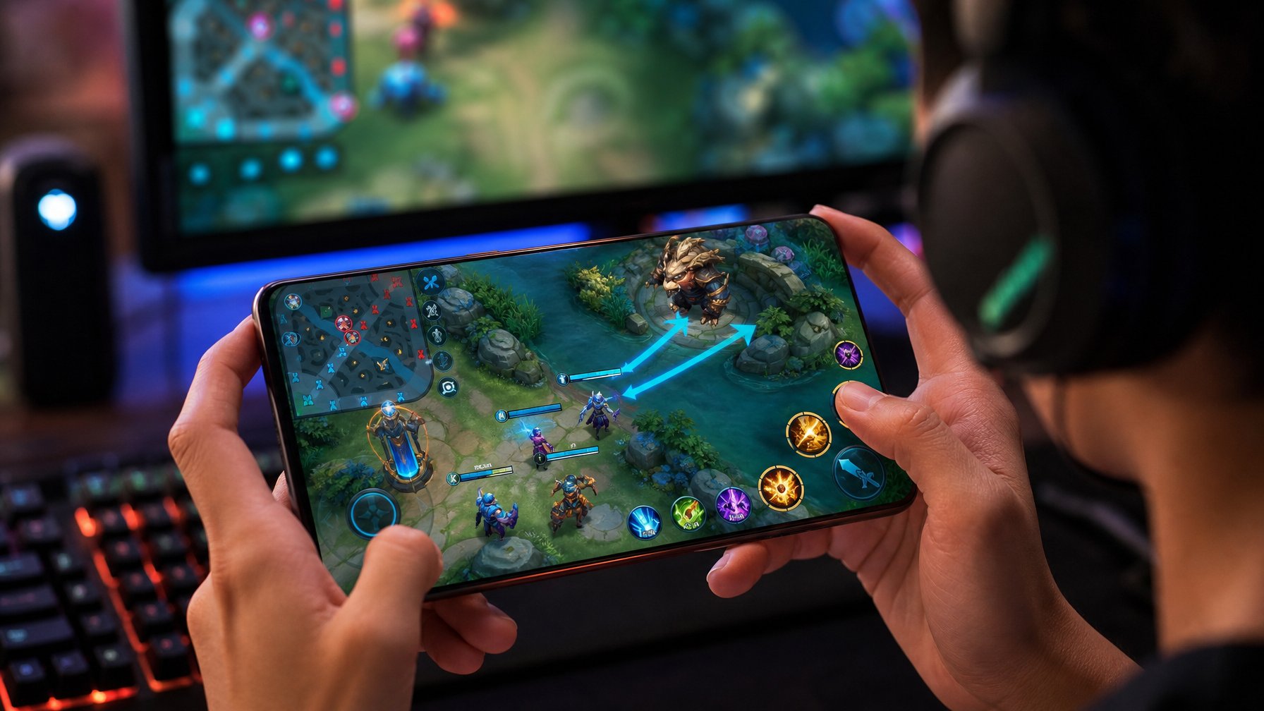 Tangan pemain memegang ponsel dengan tampilan permainan arena dan minimap, ditemani perlengkapan gaming di meja.