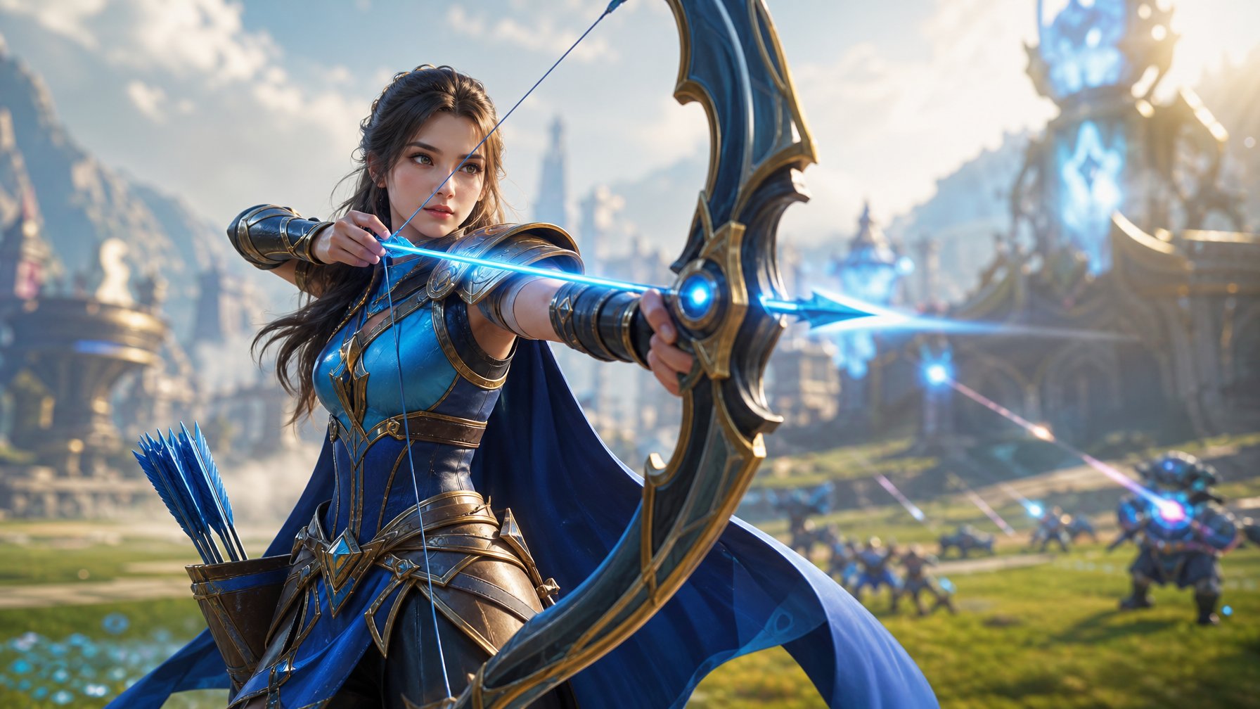 Seorang pemanah wanita berdiri siap bertempur di arena fantasi dengan busur bercahaya.