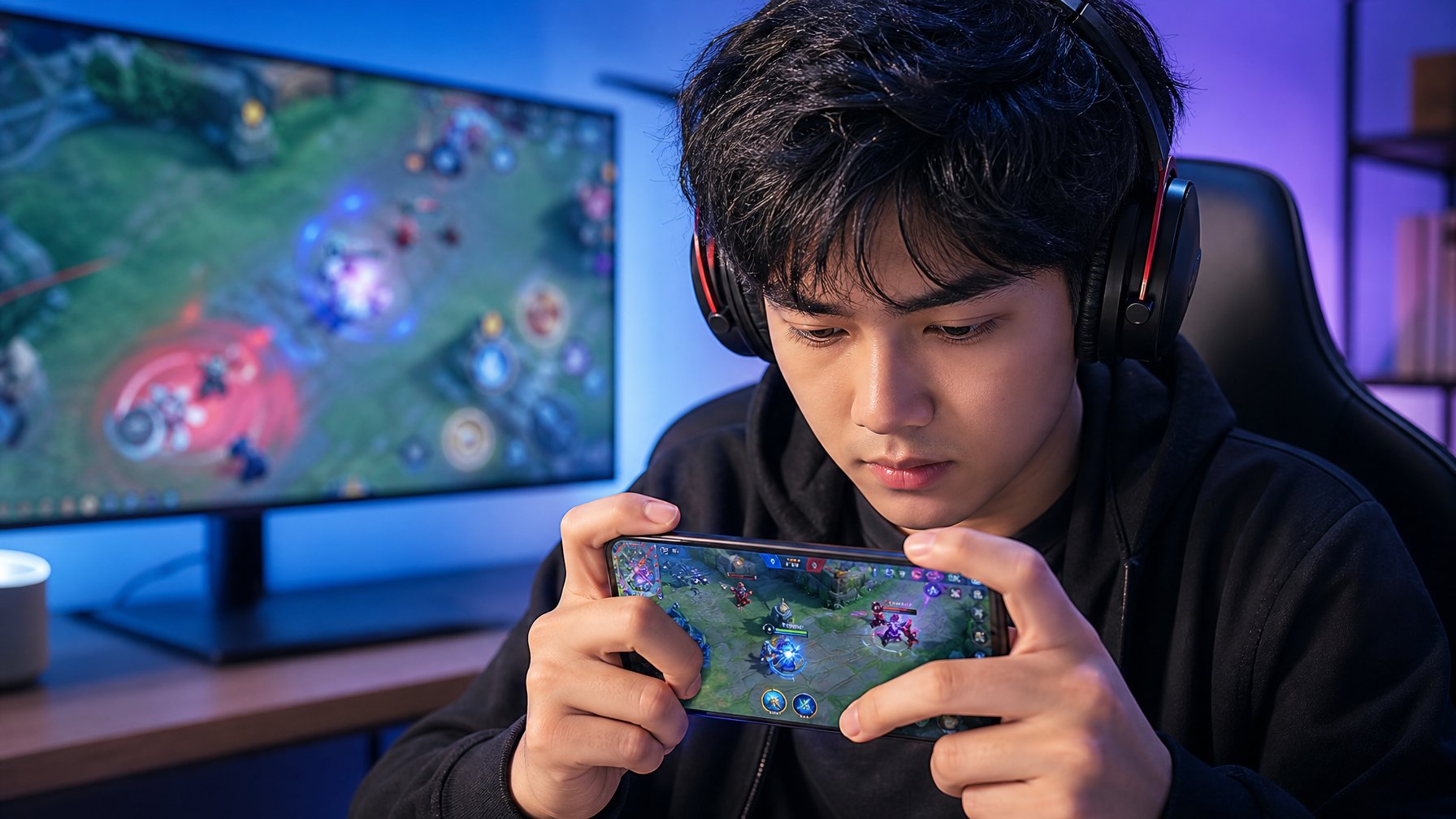 Seorang pemain game fokus menggunakan ponsel untuk menghadapi hero lawan dalam pertandingan MOBA.