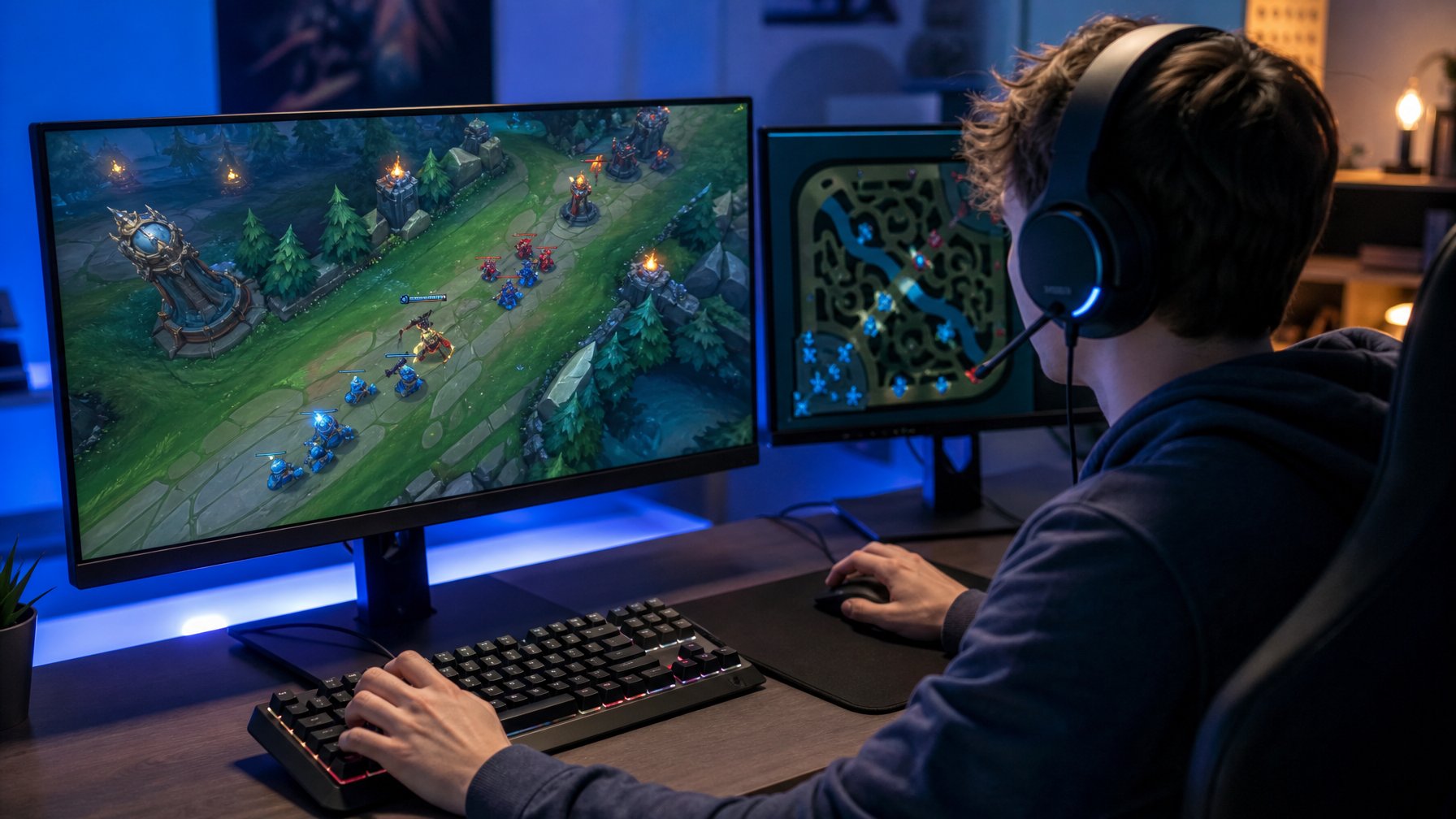 Seorang gamer fokus memainkan pertandingan arena pertempuran berani di meja gaming dengan layar yang menampilkan fantasi medan perang.