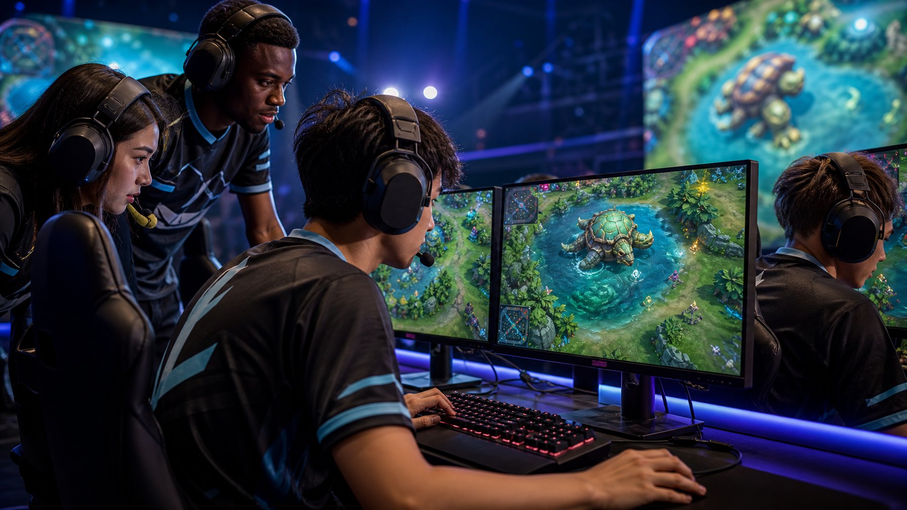 Pemain esports bekerja sama menghubungkan monster hutan dan tujuan kura-kura dalam pertandingan gim strategi.