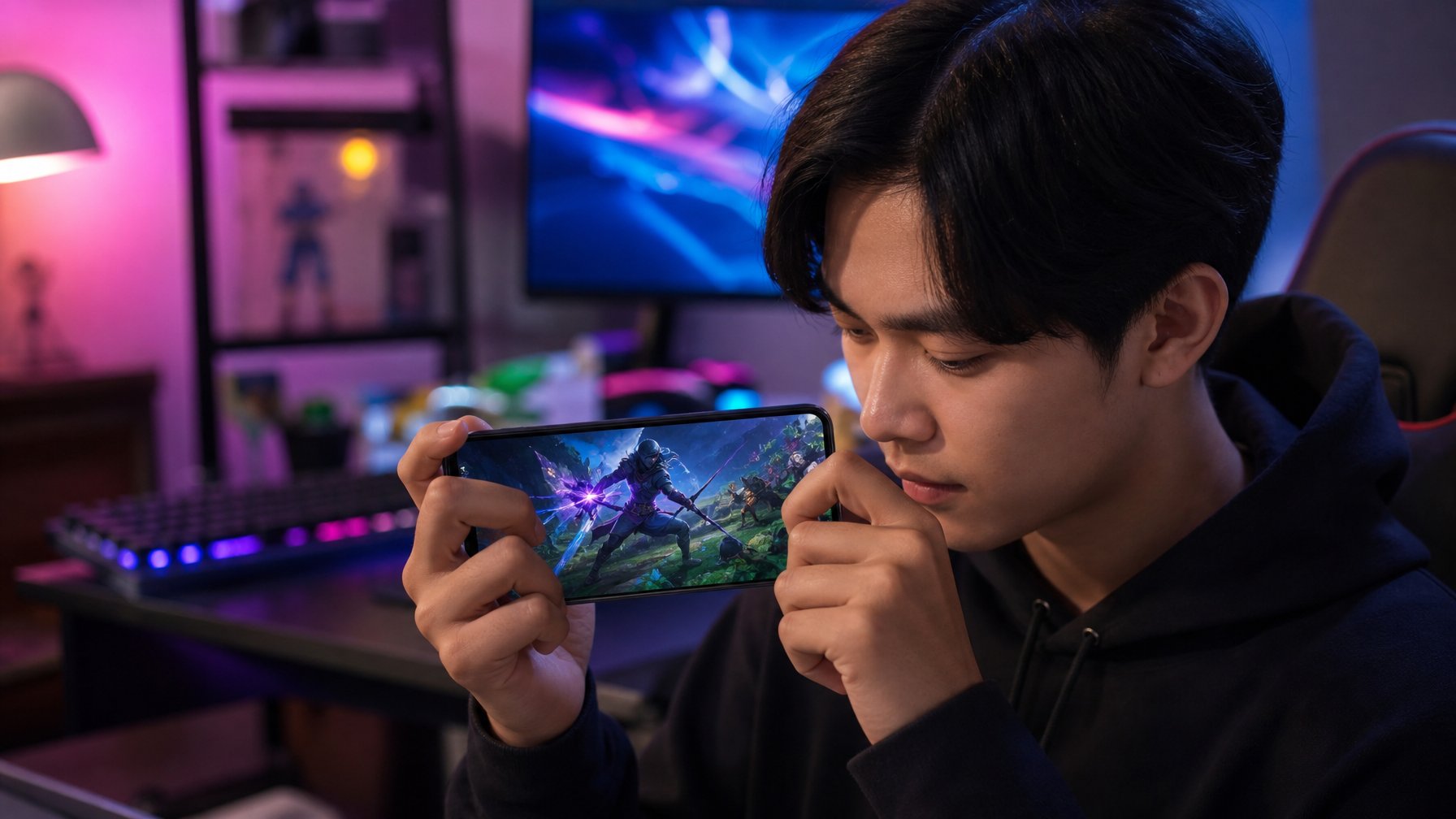 Seorang gamer muda memainkan ponsel sambil melihat karakter pembunuh fantasi di medan perang mistis.