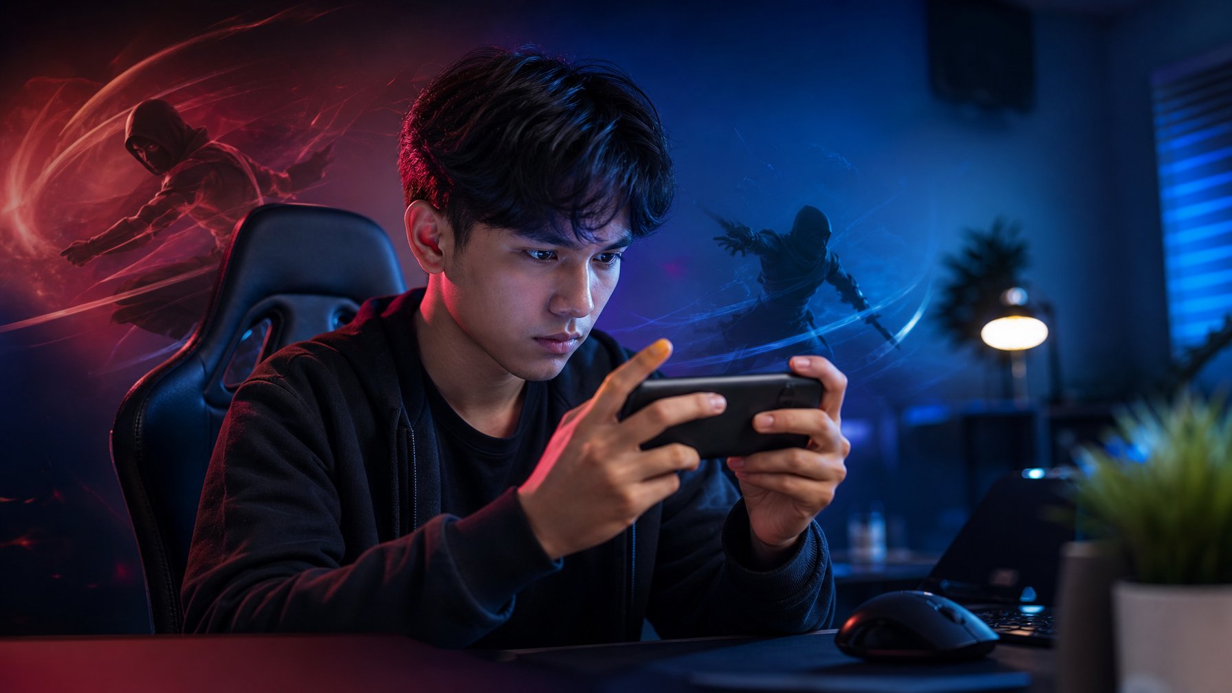 Pemain esports pemula memainkan gim MOBA bertema pembunuh di ponsel dalam suasana ruang gaming modern.
