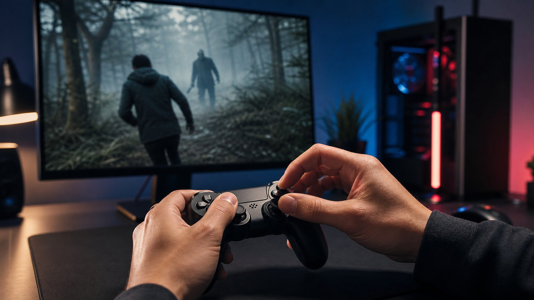 Tangan mengatur pengontrol di depan monitor yang menampilkan suasana permainan horor di hutan sekitar.