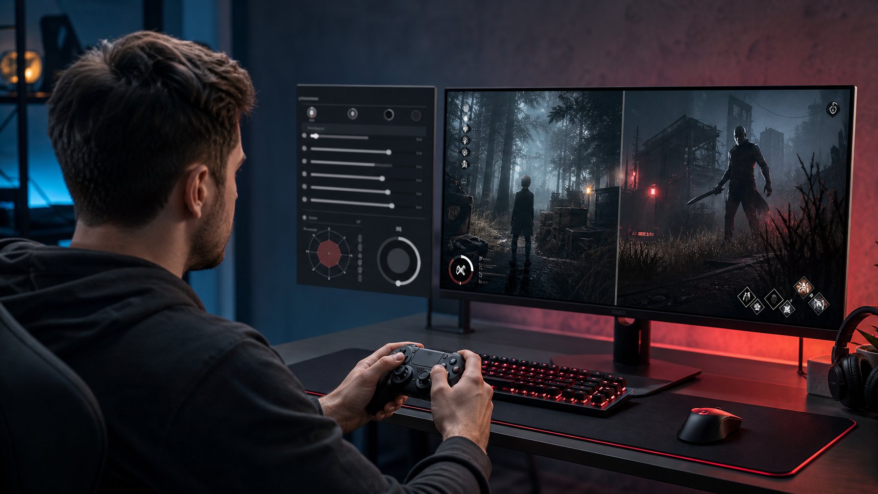 Gamer mengatur kontrol menggunakan pengontrol di depan monitor yang menampilkan suasana permainan horor dengan hutan terlindungi.