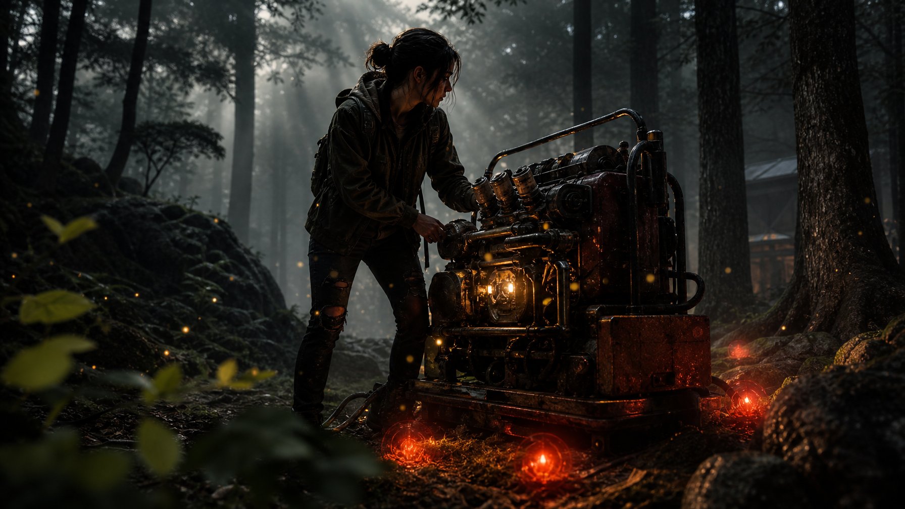 Seorang penyunting berdiri di hutan menceritakan dekat generator yang menyala dengan cahaya hangat.
