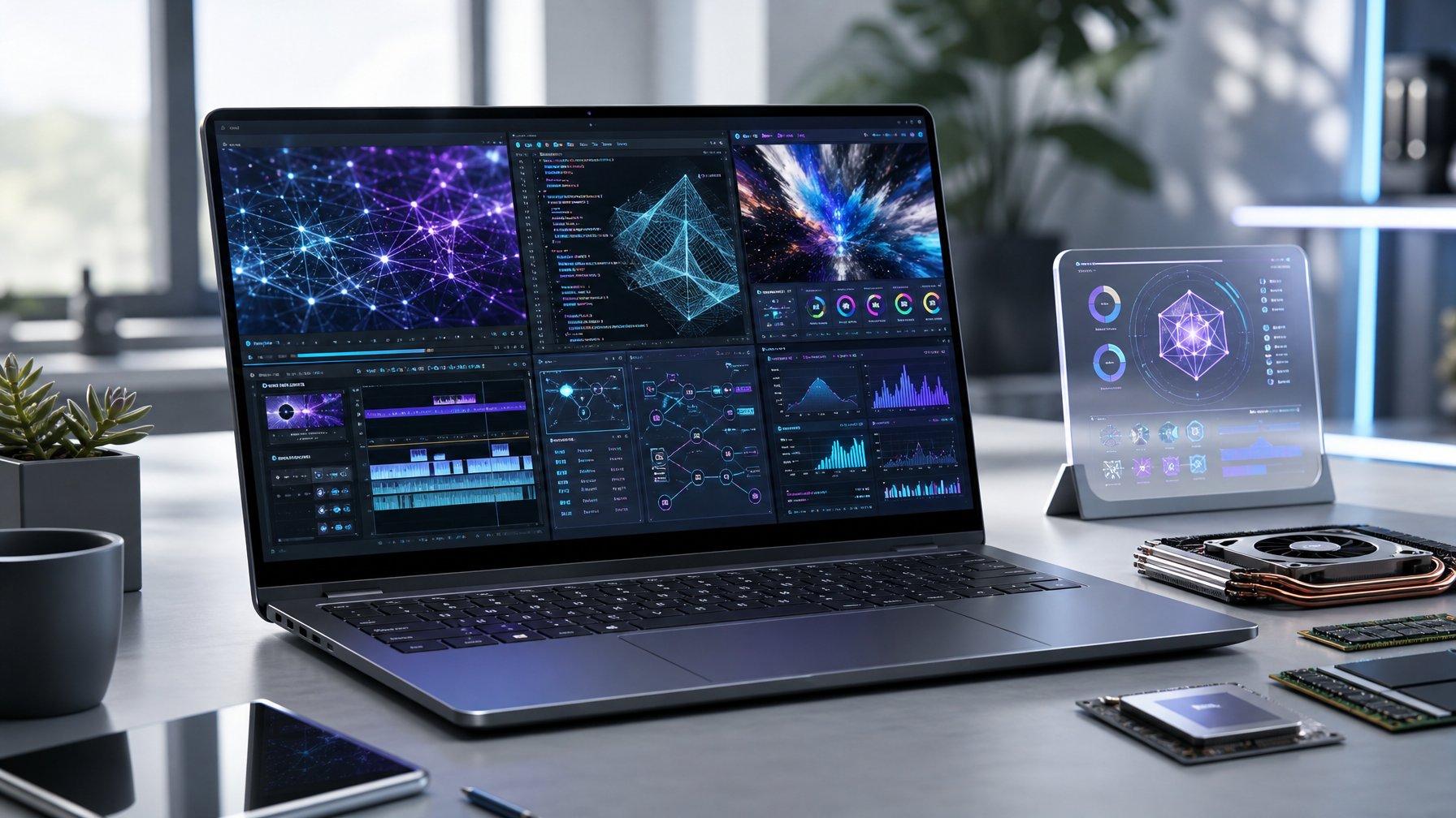 Laptop modern menampilkan beberapa aktivitas kerja digital secara bersamaan di meja kantor.