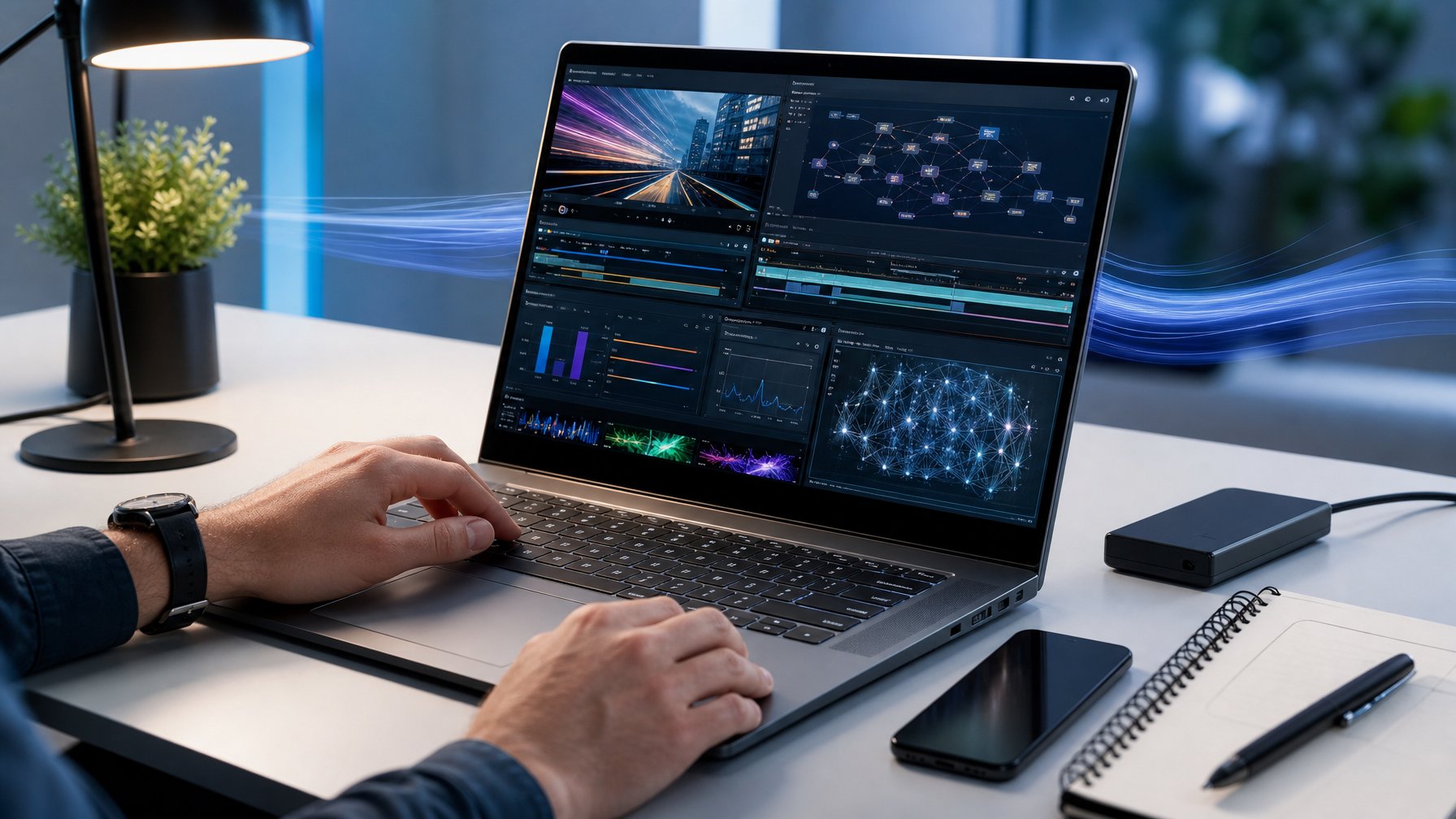 Laptop modern digunakan untuk menjalankan beberapa tugas secara bersamaan di meja kerja profesional.