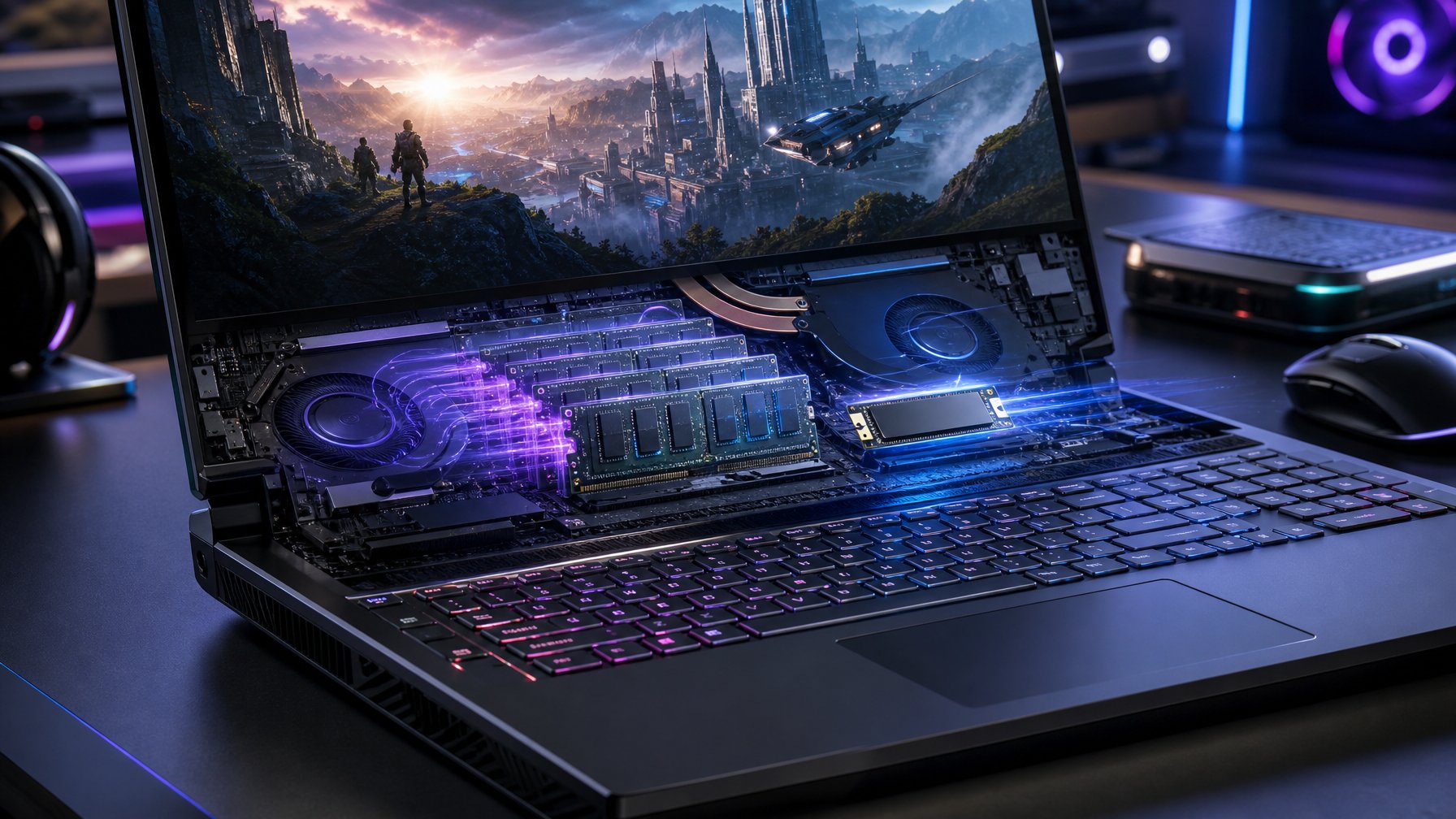 Laptop gaming modern dengan komponen RAM DDR5 dan SSD NVMe Gen 5 yang ditampilkan secara teknis.