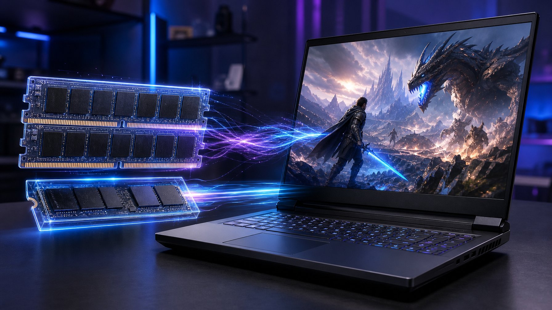 Laptop gaming modern dengan modul RAM dan SSD berteknologi tinggi yang divisualisasikan melalui aliran cahaya data.