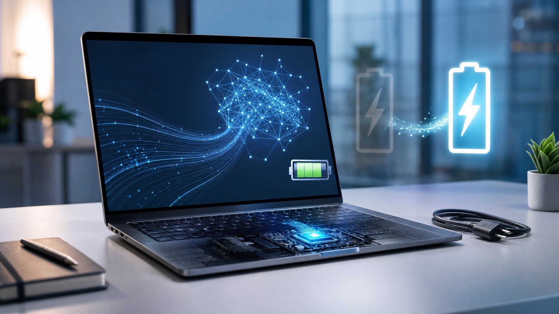 Laptop modern terbuka dengan indikator baterai tinggi dan visual abstrak jaringan saraf yang melambangkan pewarnaan AI hemat daya.