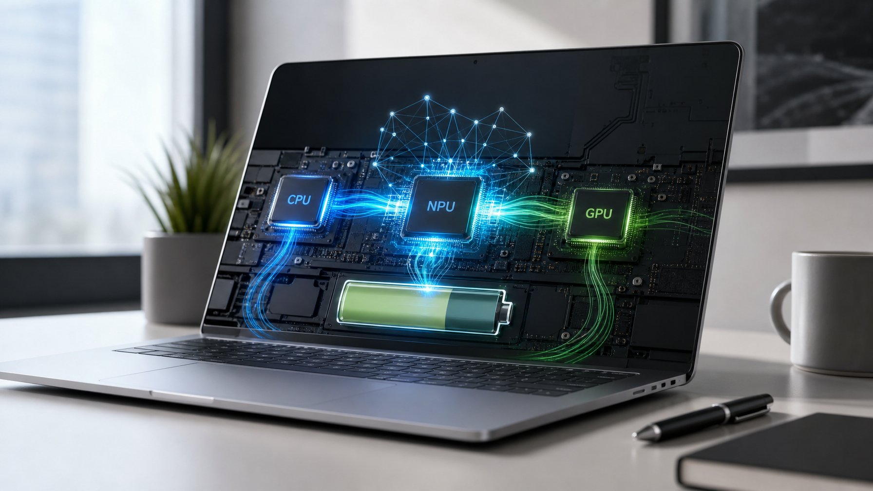 Laptop modern dengan visualisasi chip NPU yang bekerja hemat energi dan baterai yang tetap terisi.