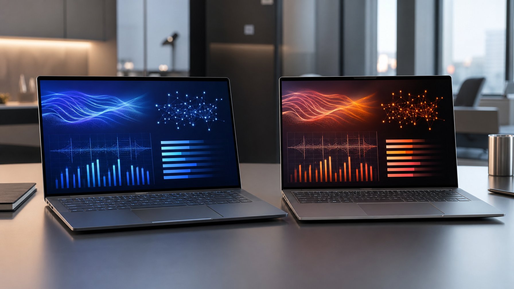 Dua laptop tipis premium dipadukan di atas meja modern dengan visualisasi kinerja abstrak pada layarnya.