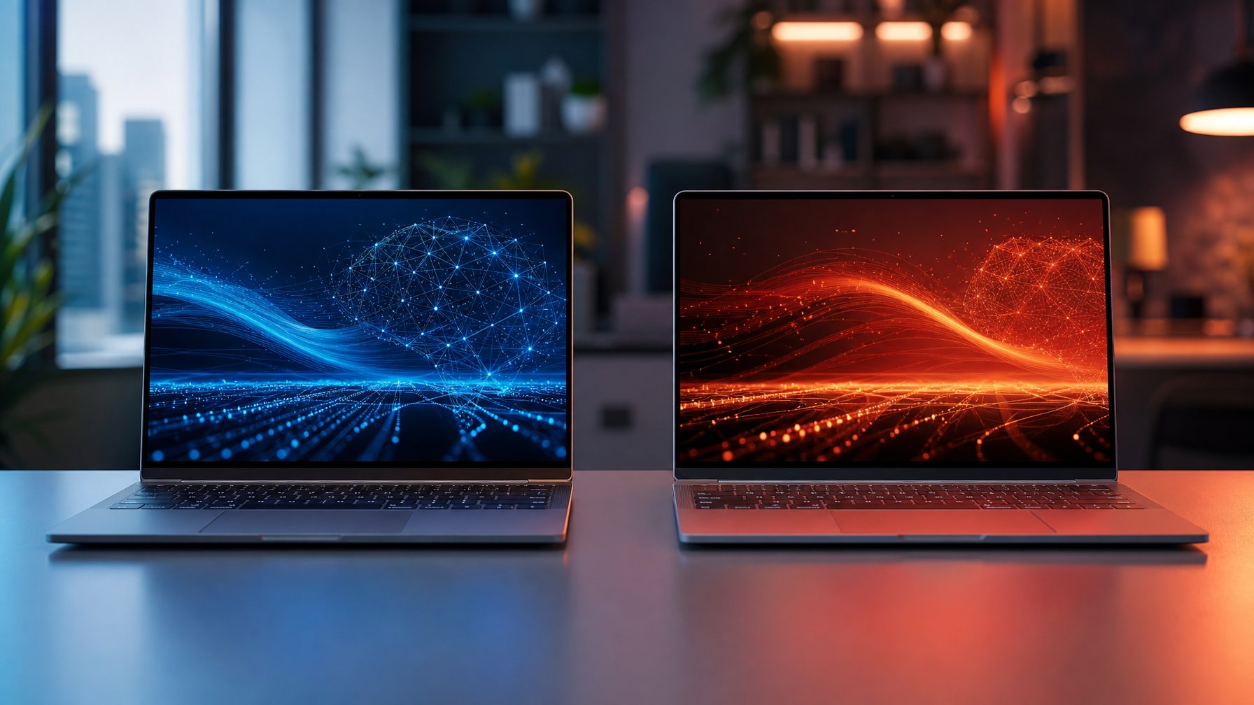 Dua laptop premium tipis menampilkan visualisasi abstrak kinerja dan kecerdasan buatan di atas meja kerja modern.
