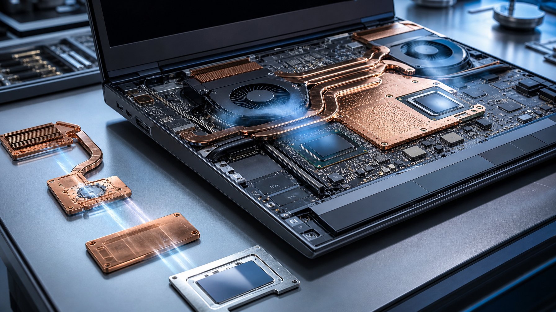 Laptop berperforma tinggi dengan sistem pendingin vapor chamber dan lapisan liquid metal yang terlihat pada bagian dalamnya.