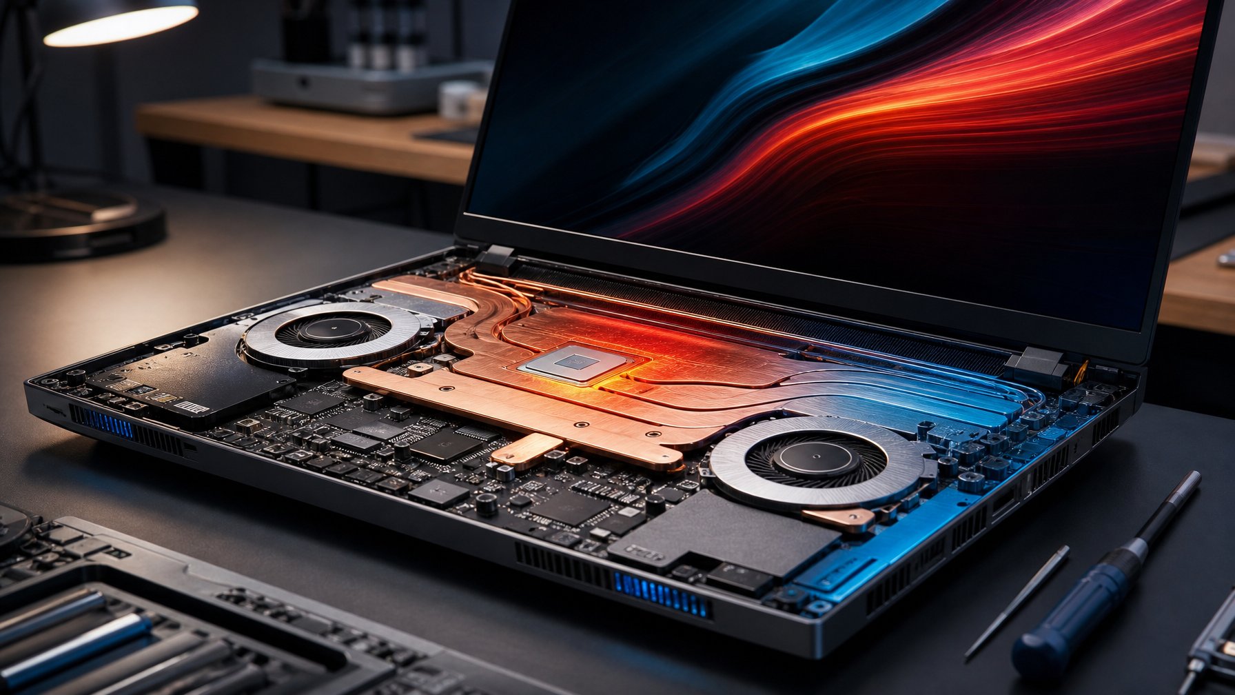 Laptop berperforma tinggi terbuka dengan sistem vapor chamber dan liquid metal yang mengalirkan panas dari prosesor.