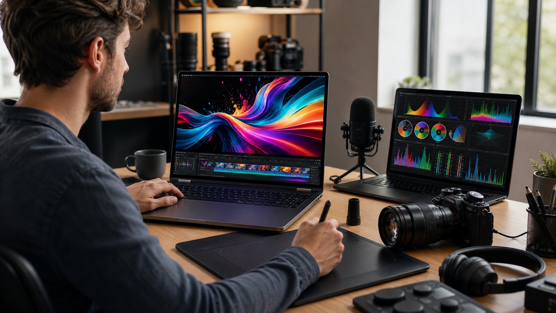 Meja kerja pencipta konten dengan laptop OLED menampilkan visual warna-warni, perangkat kamera, mikrofon, gambar tablet, dan aksesori kreatif.