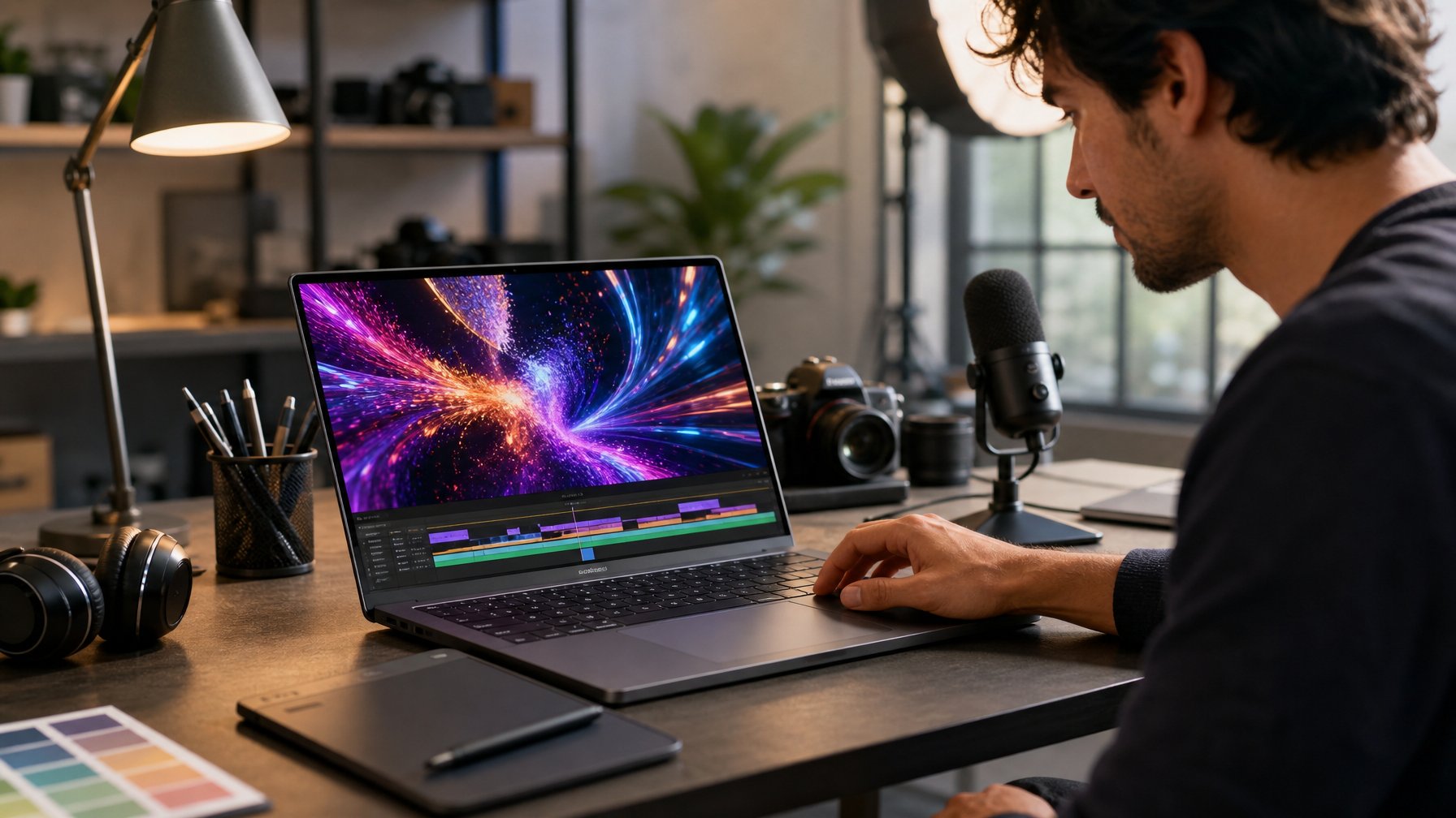 Kreator konten bekerja di depan laptop dengan layar berwarna cerah di studio kreatif.