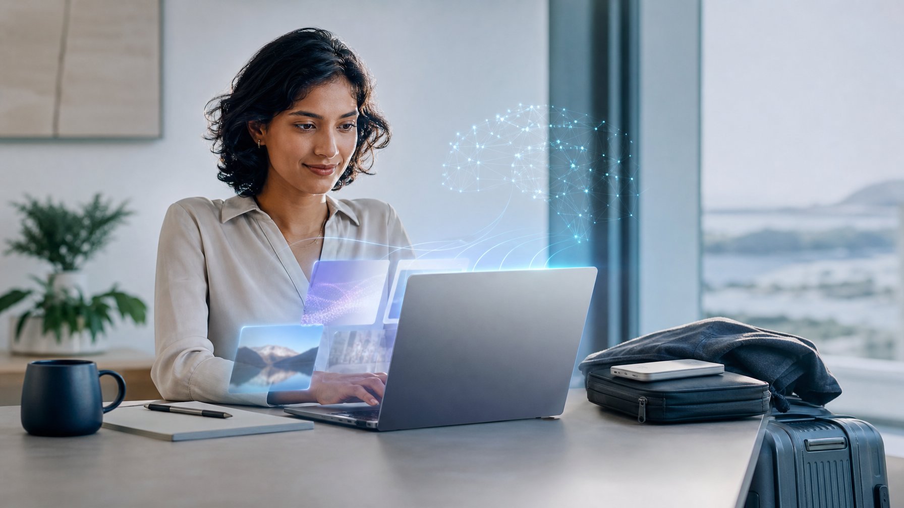 Seorang profesional menggunakan laptop tipis modern di ruang kerja terang dengan nuansa teknologi canggih dan portabel.
