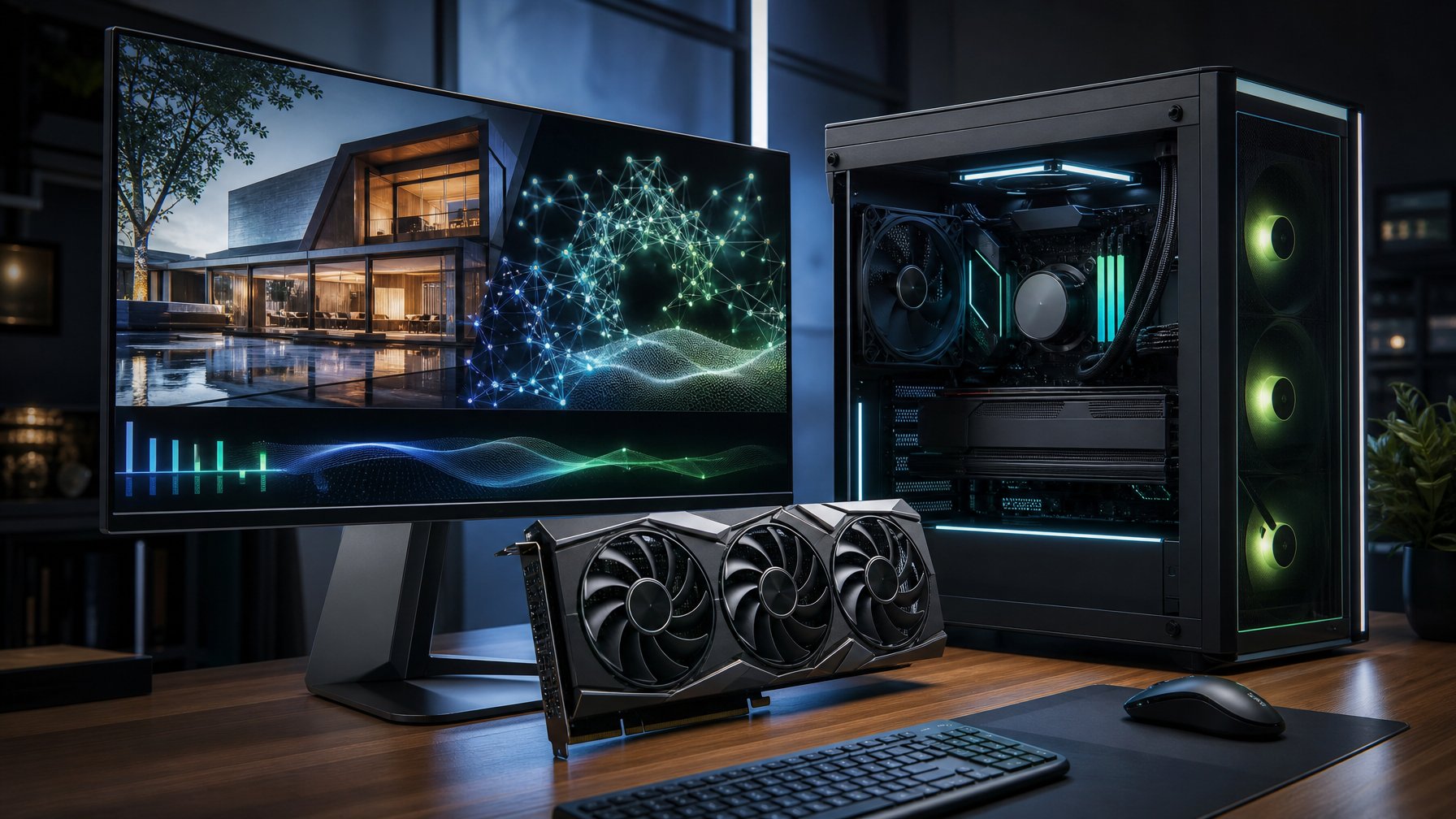Komputer dengan kartu grafis canggih menampilkan visualisasi rendering 3D dan jaringan AI pada monitor.