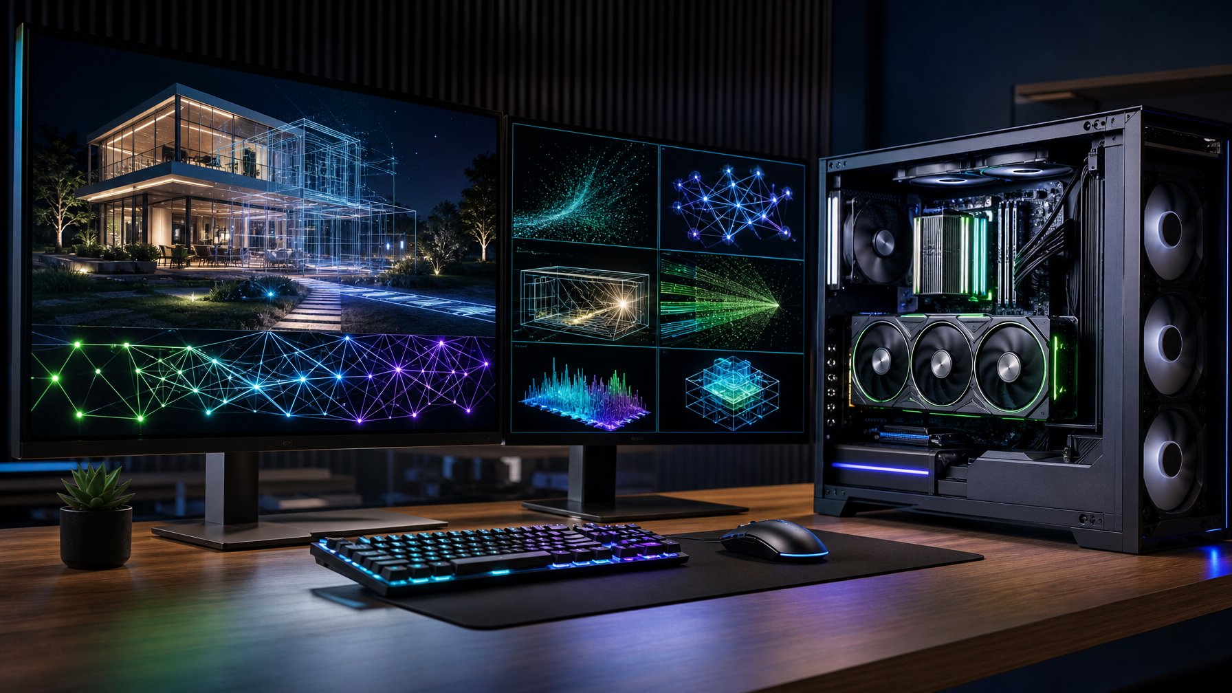 Workstation modern dengan kartu grafis berperforma tinggi dan monitor yang menampilkan visualisasi rendering 3D serta jaringan AI.