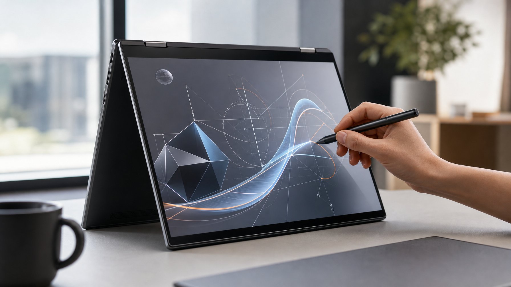 Laptop convertible dengan stylus digunakan untuk menggambar pada layar sentuh di meja kerja modern.