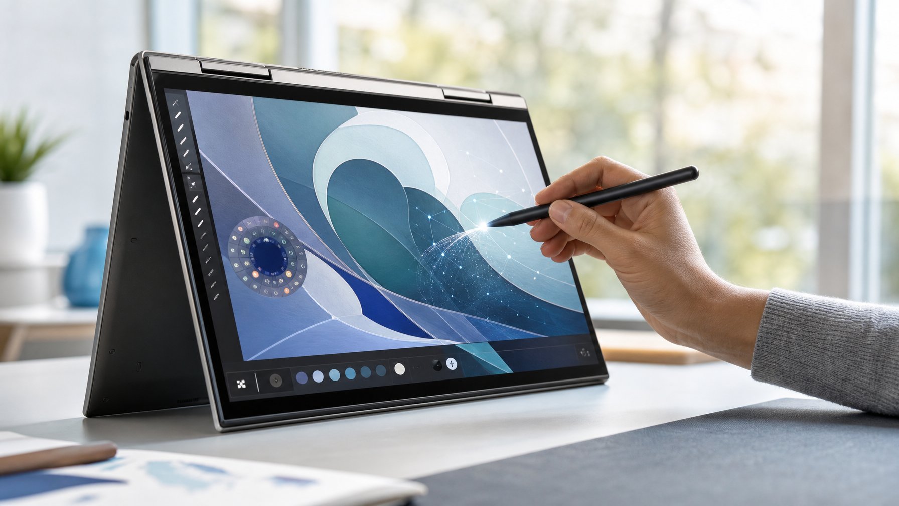 Seseorang menggunakan stylus presisi pada laptop convertible yang diubah menjadi tablet.