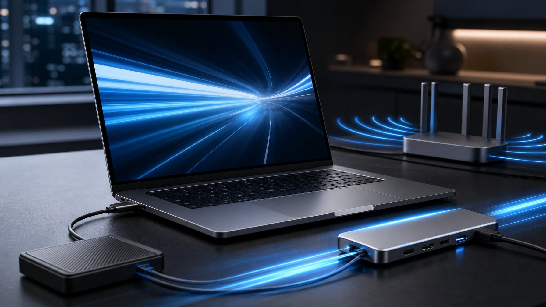 Laptop modern terhubung ke perangkat penyimpanan dan jaringan nirkabel dengan efek visual yang menggambarkan transfer data berkecepatan tinggi.