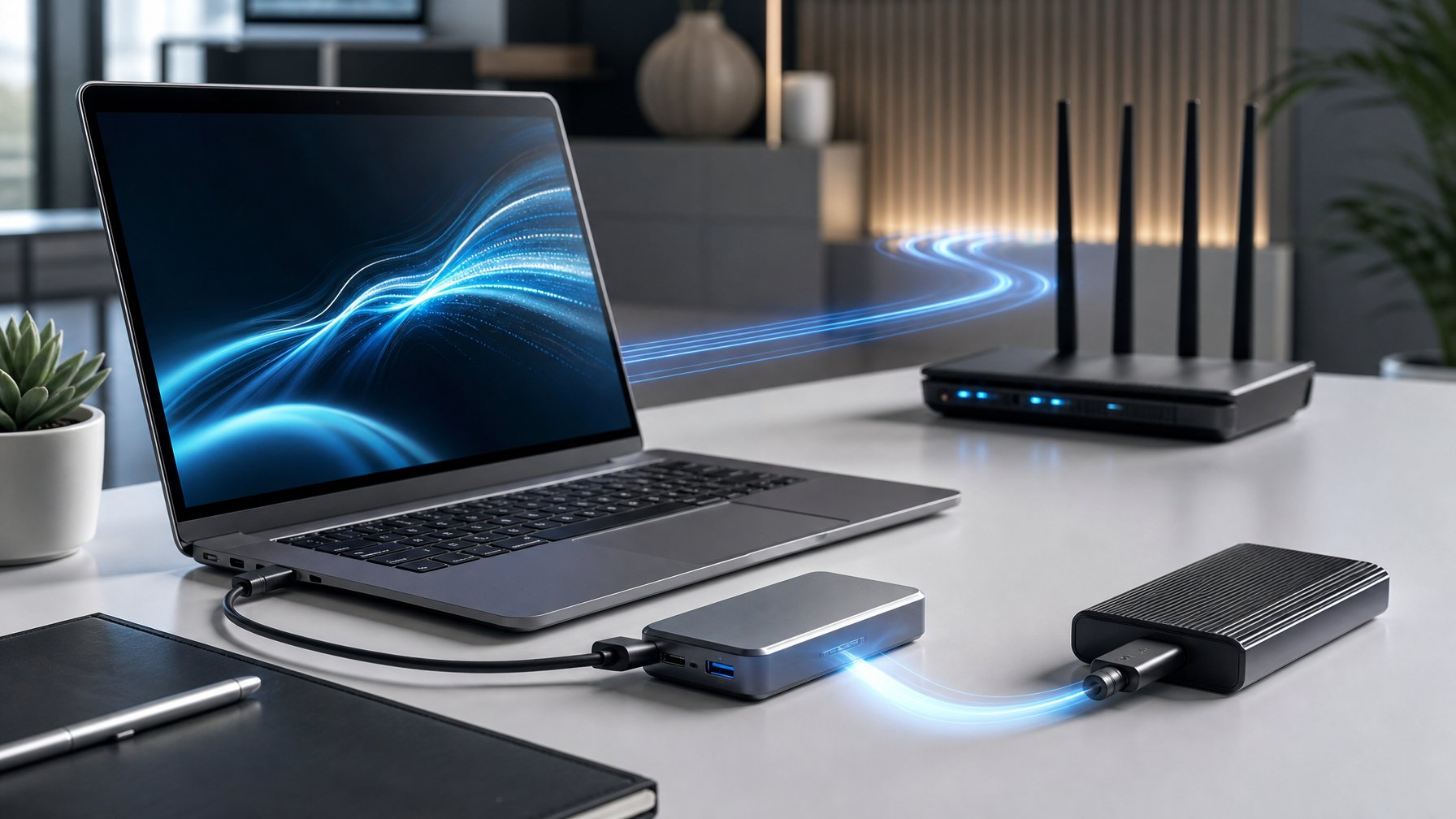 Laptop modern terhubung secara nirkabel ke router dan melalui kabel berkecepatan tinggi ke penyimpanan eksternal.