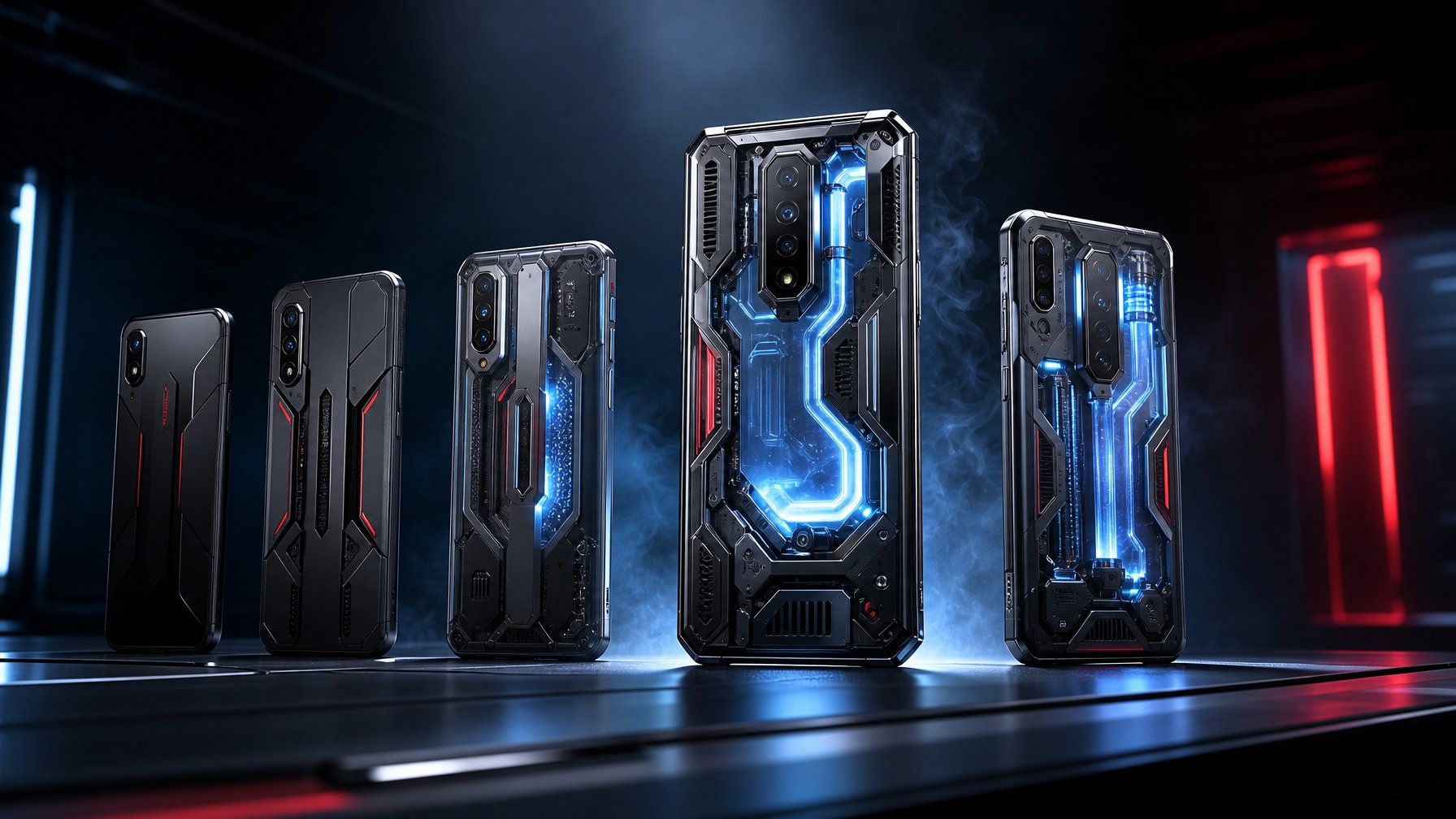 Deretan ponsel gaming dengan sistem pendingin cair yang berkembang dari model lama hingga perangkat modern berperforma tinggi.