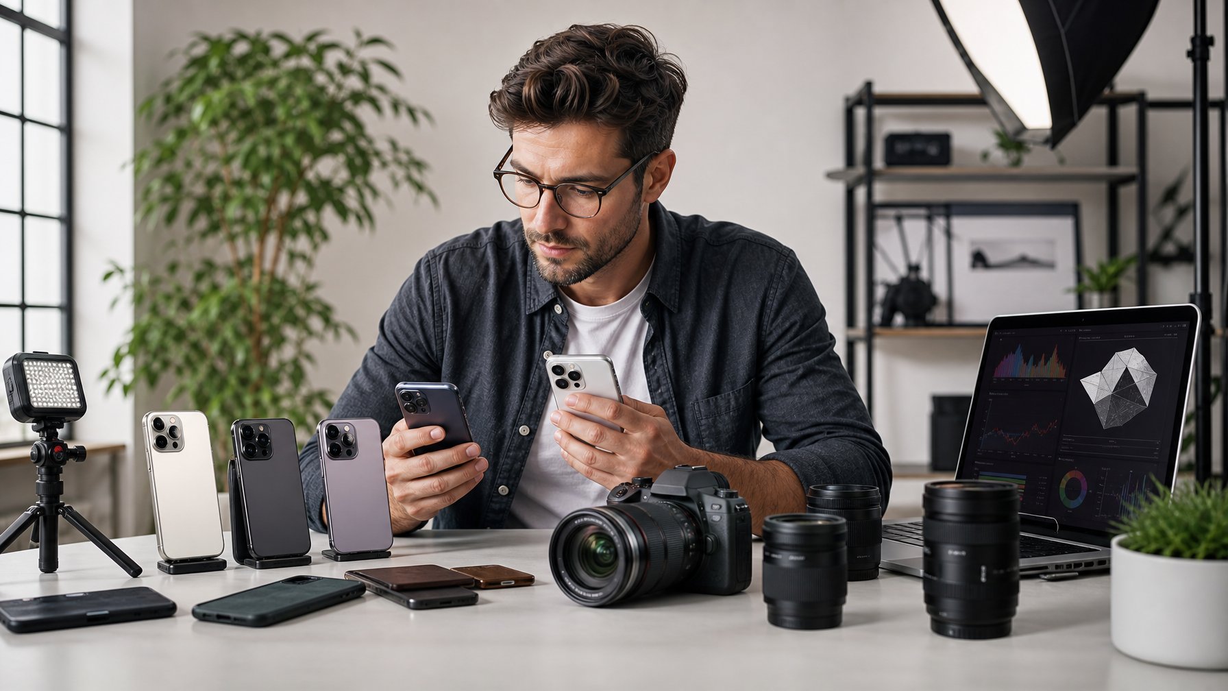 Seorang pencipta konten membandingkan beberapa ponsel berkamera canggih dengan kamera DSLR di ruang kerja studio.