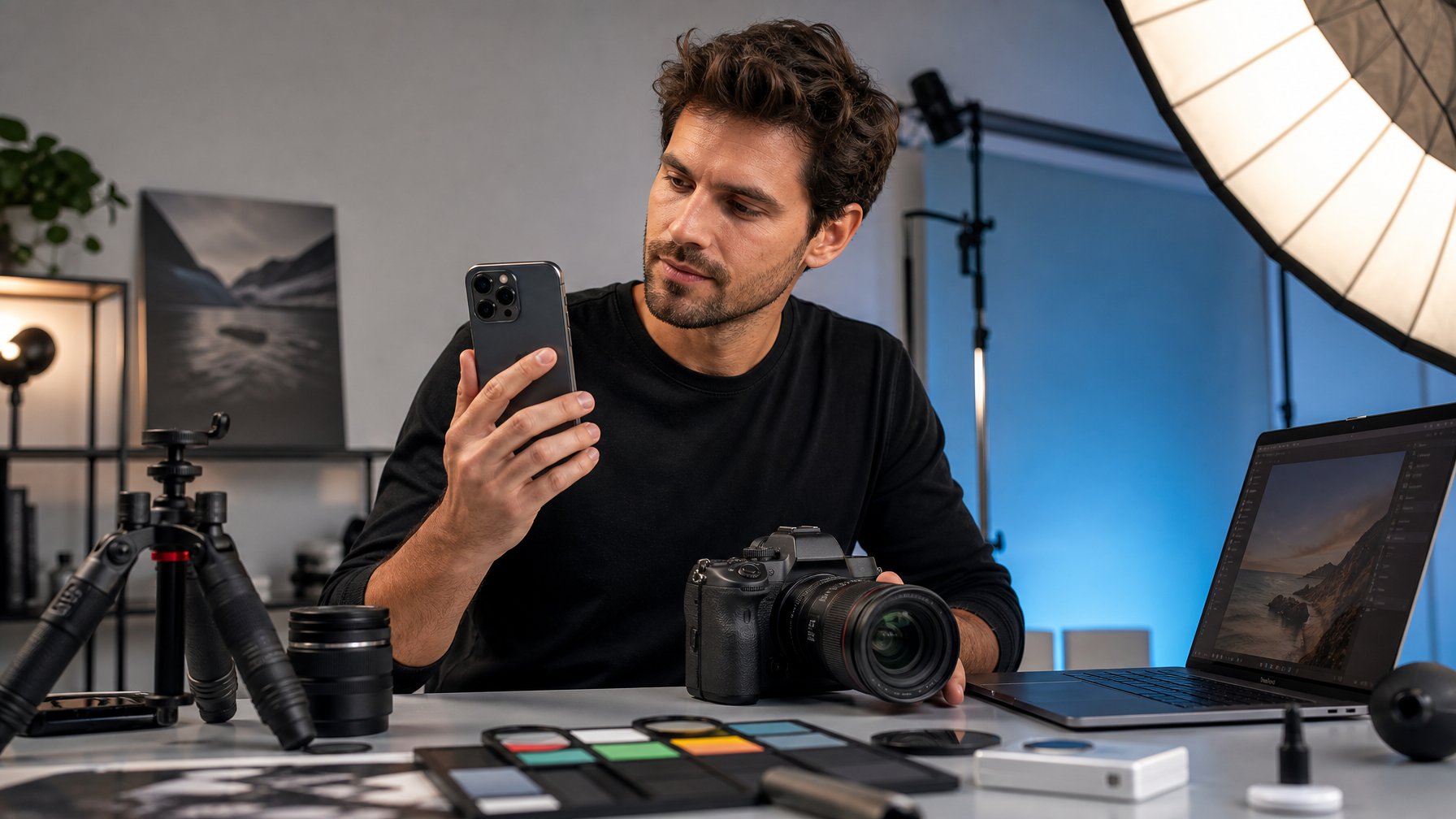 Seorang pencipta konten membandingkan kamera ponsel premium dengan kamera DSLR di studio.